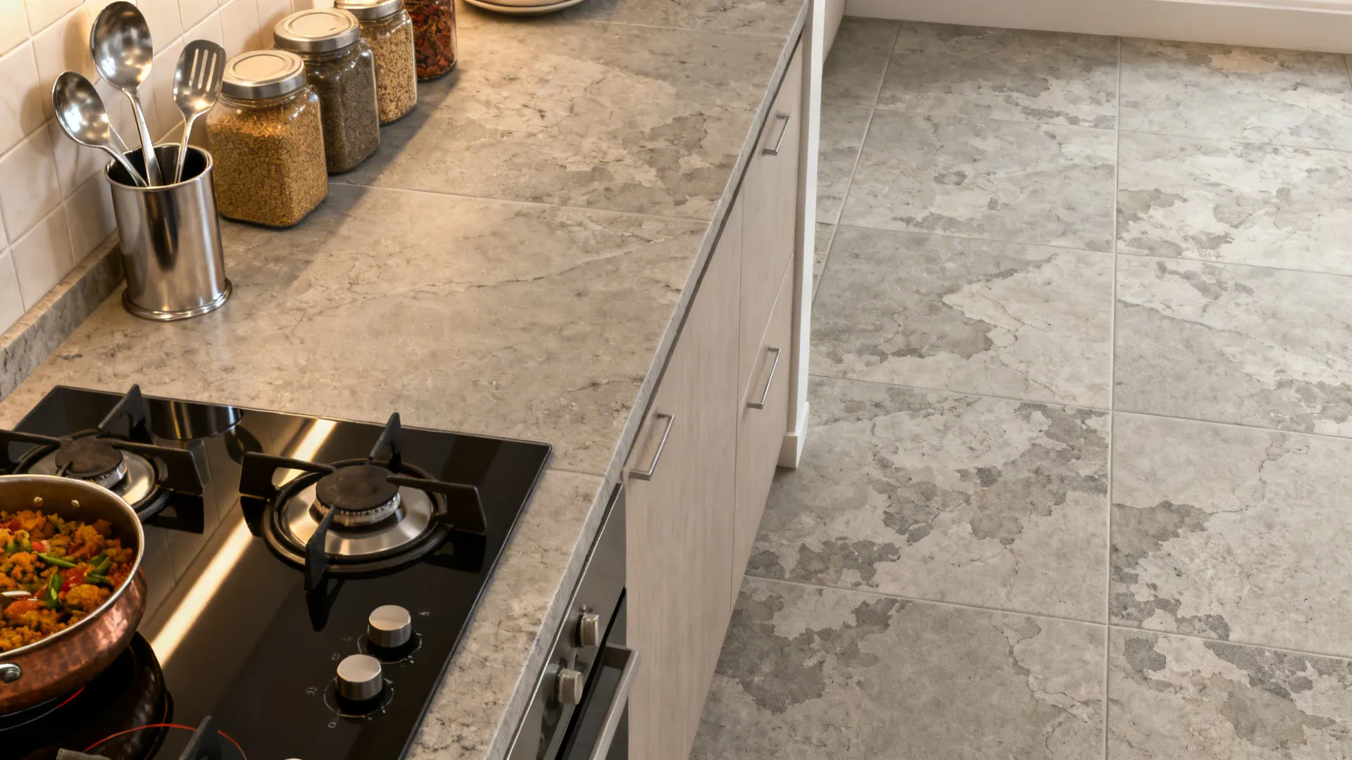 Quartzite-look porcelain backsplash in mid-tone grey with gentle sheen behind the cooktop.