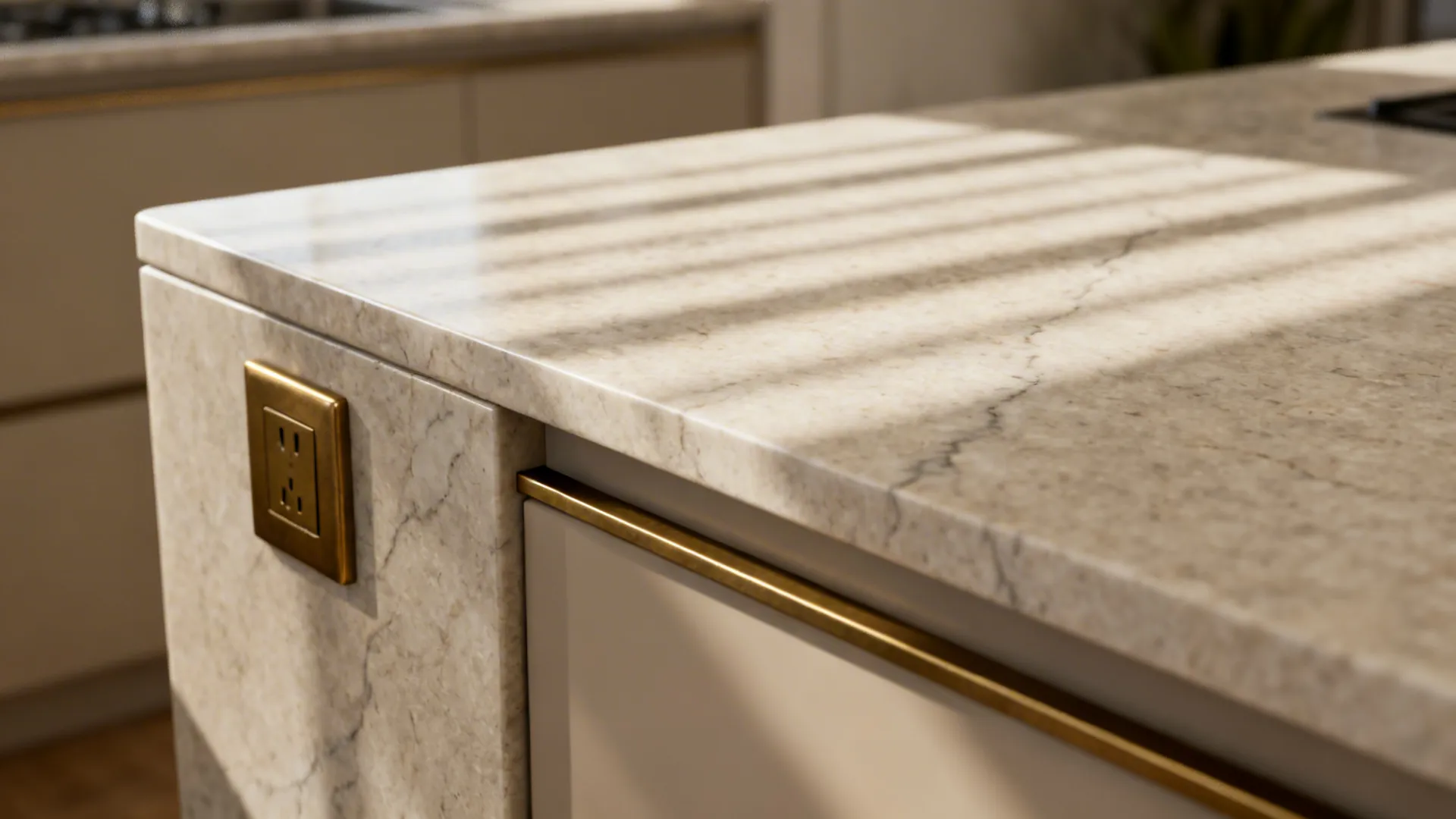 Macro of honed quartzite island edge with subtle veining and hidden power outlet.