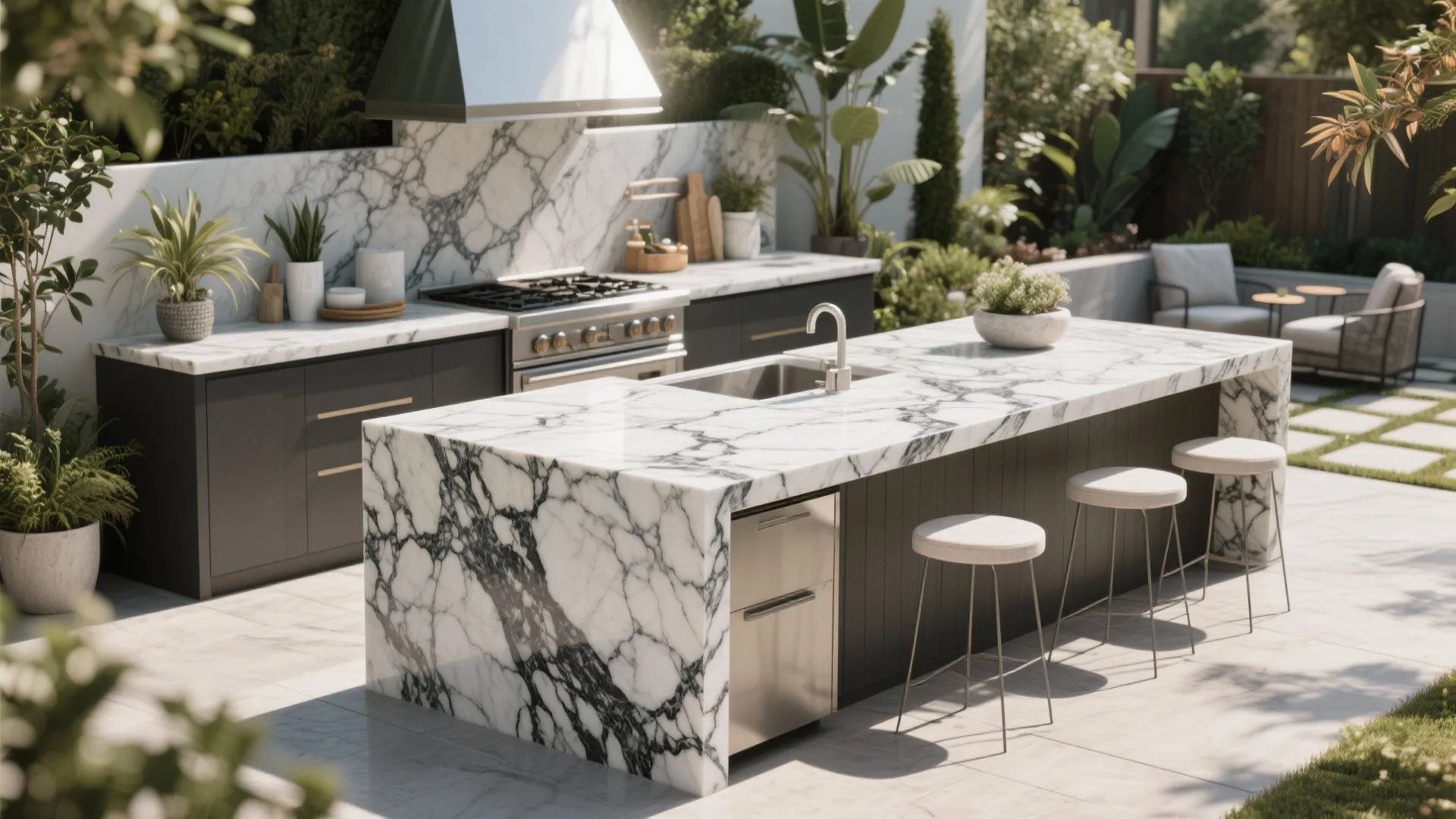 Outdoor quartzite countertop with bold veining and sunlight