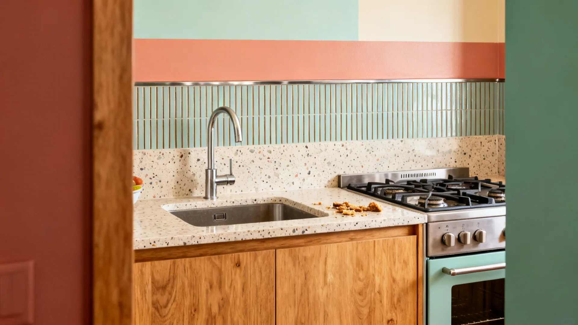 Quartzite or terrazzo countertop with a defined splash zone and a color-blocked painted wall.