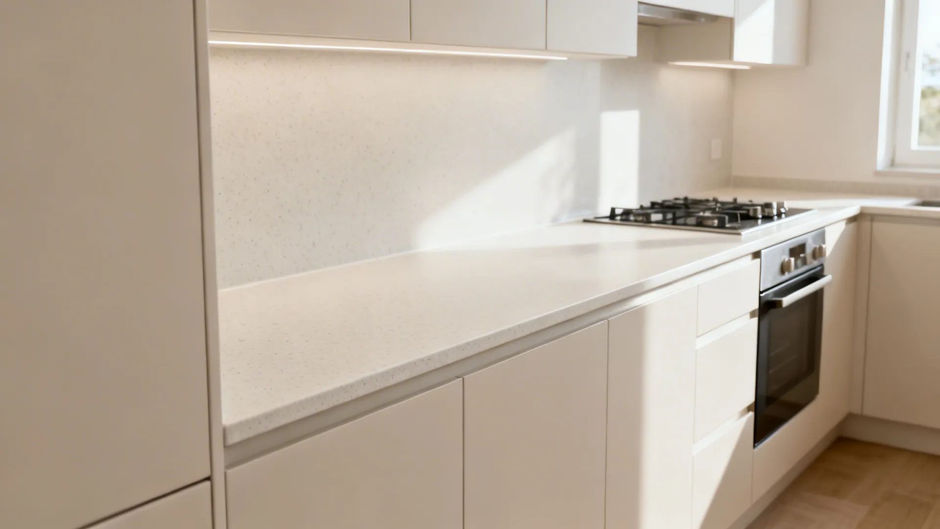 Quartz-look porcelain countertop with ultra-thin, color-matched grout in a light small kitchen.