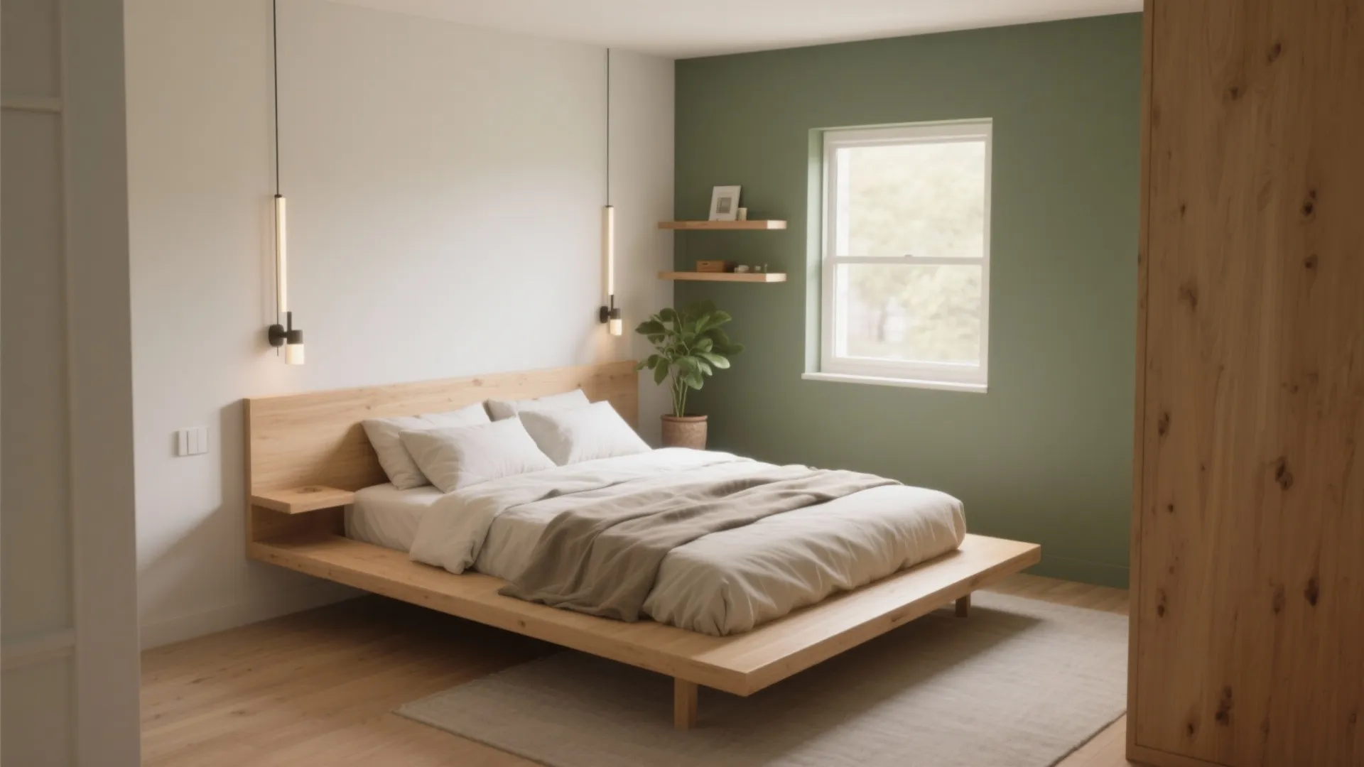 Minimalist wooden bed with white bedding, green accent wall, wall lights, and small indoor plant