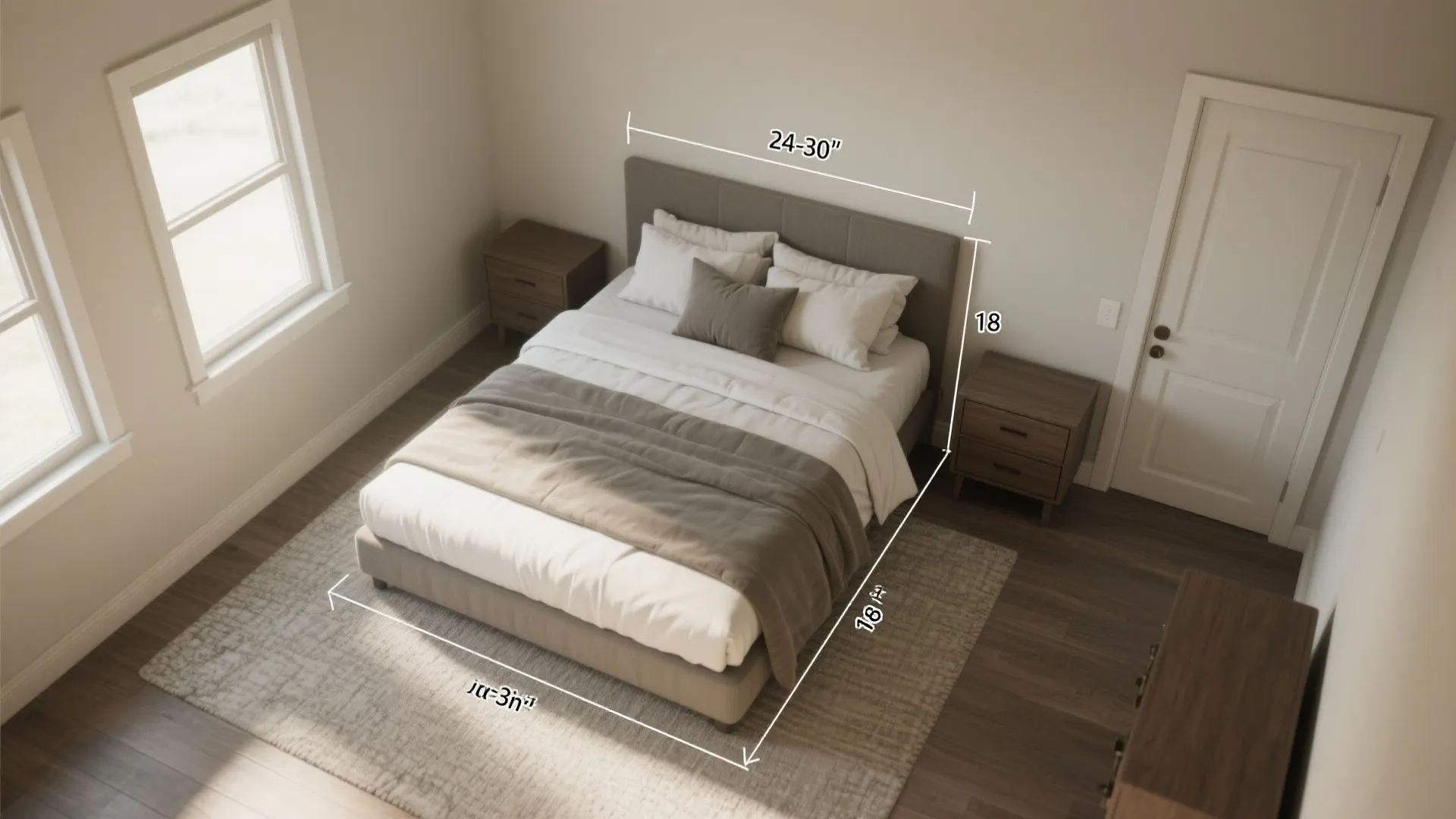 High angle view of a bedroom showing the layout dimensions with bed and side tables