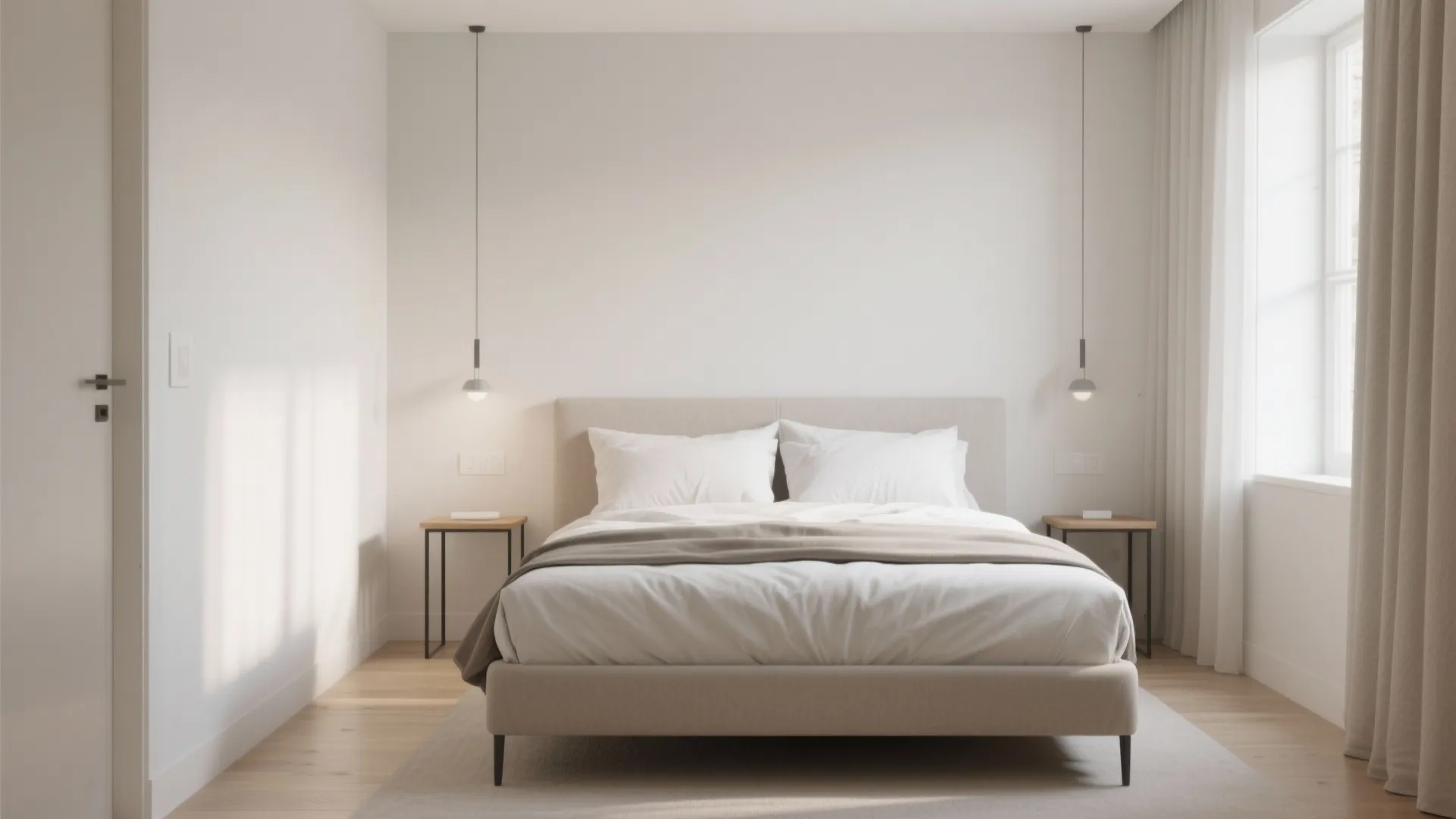Minimalist bedroom with white walls beige bed two small side tables and two hanging lights