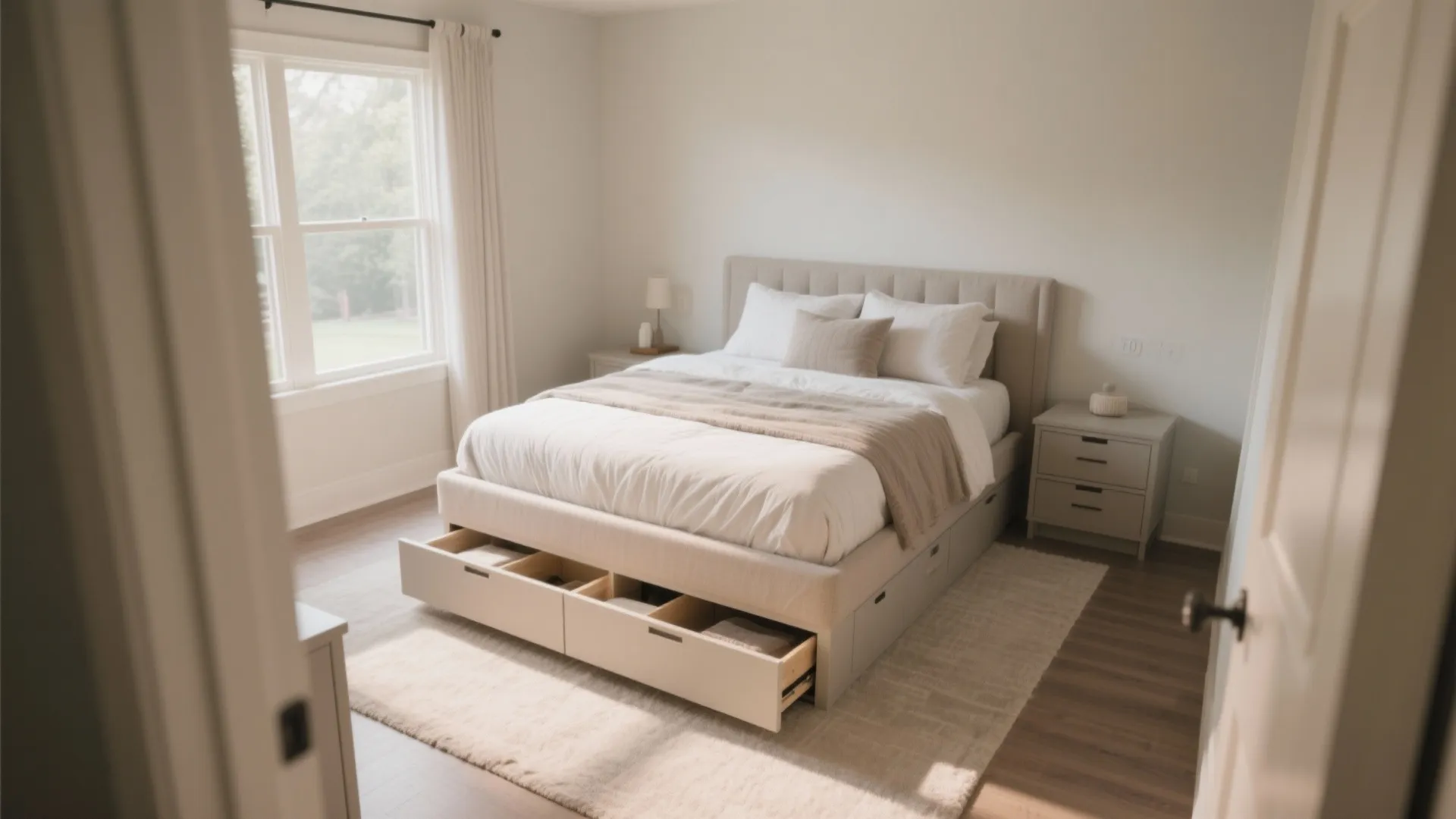Modern queen bed with storage drawers open showing organized items in a bright neutral bedroom