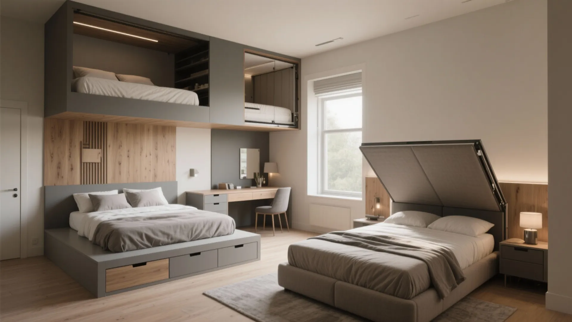 Modern bedroom featuring multiple beds with storage drawers, wooden desk, grey chair, and natural light