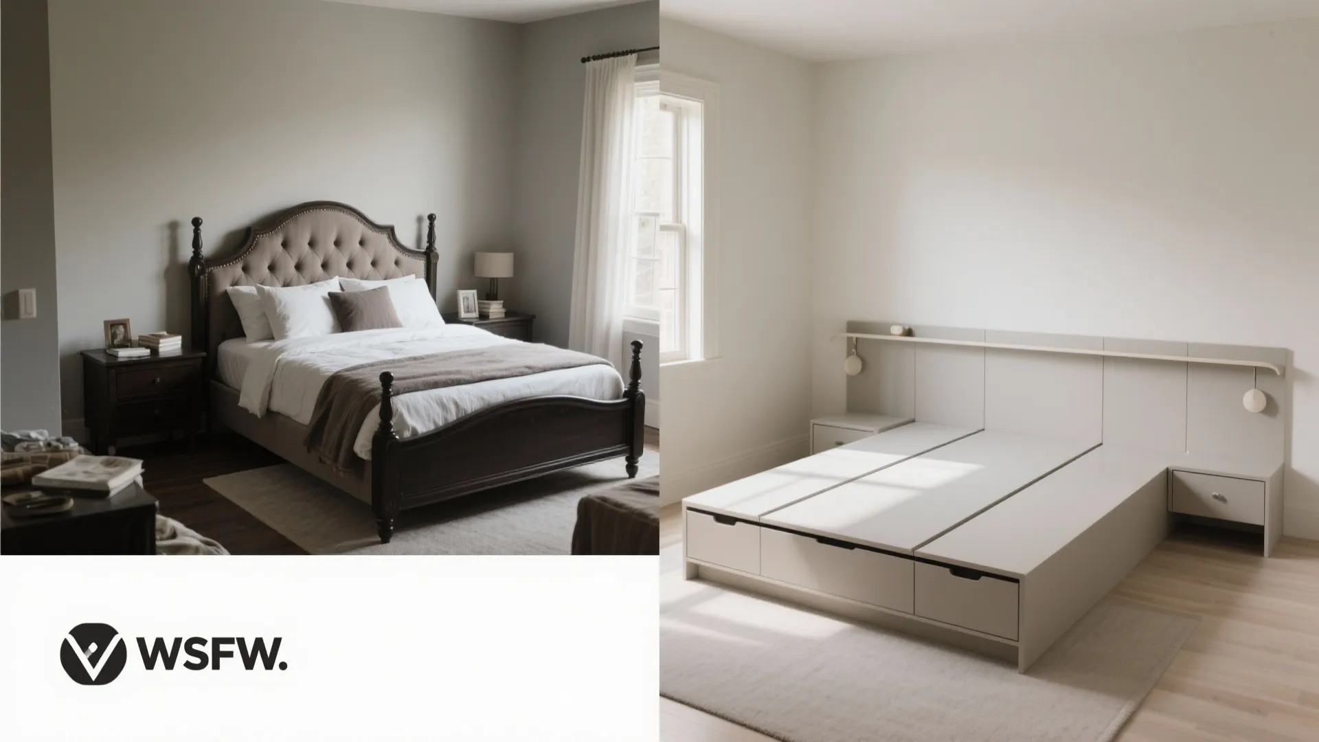 Before-and-after small bedroom: bulky sleigh bed vs. light, low-profile queen with integrated storage.