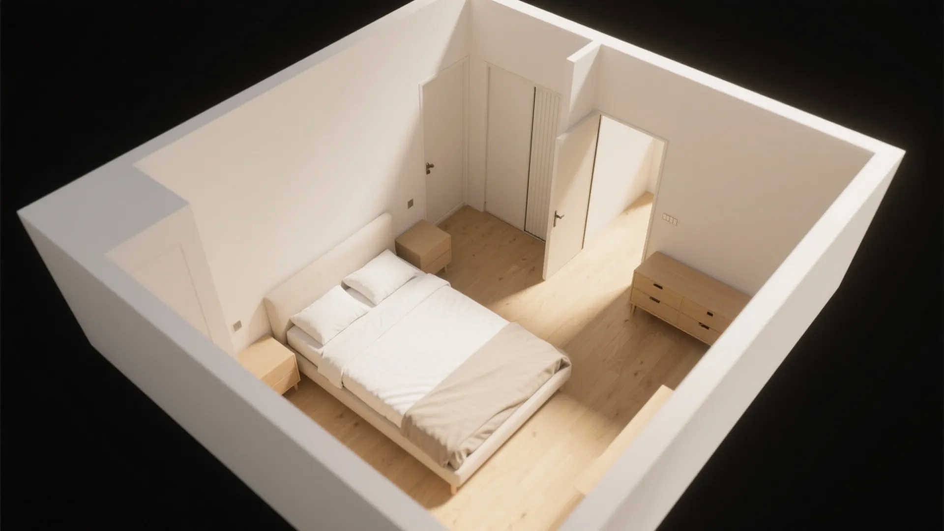 Interior design drawing of a white bedroom with wooden floor bed two nightstands and cabinet