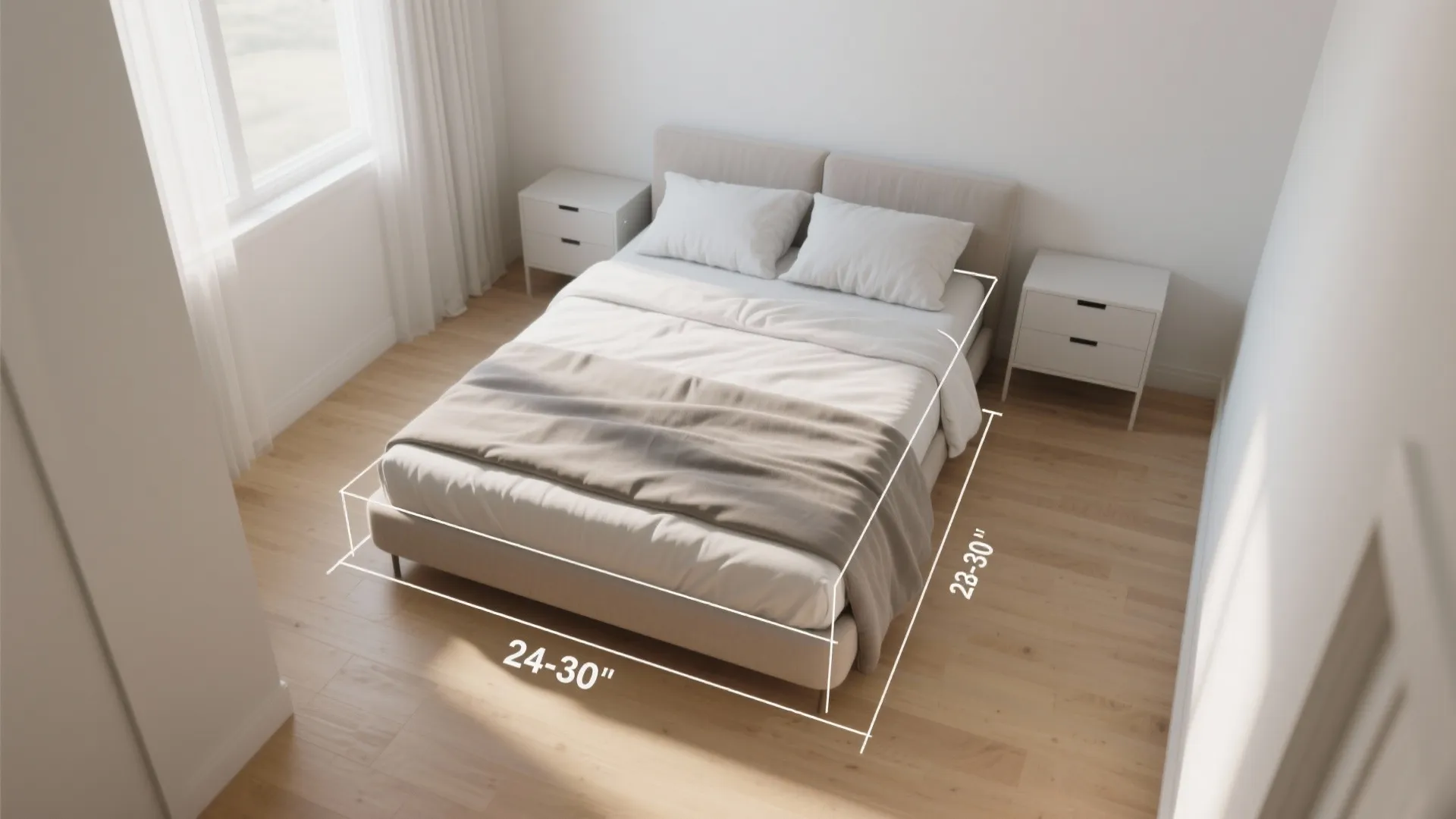 Top-down queen bed layout with translucent overlays highlighting comfortable clearance zones in a small room.