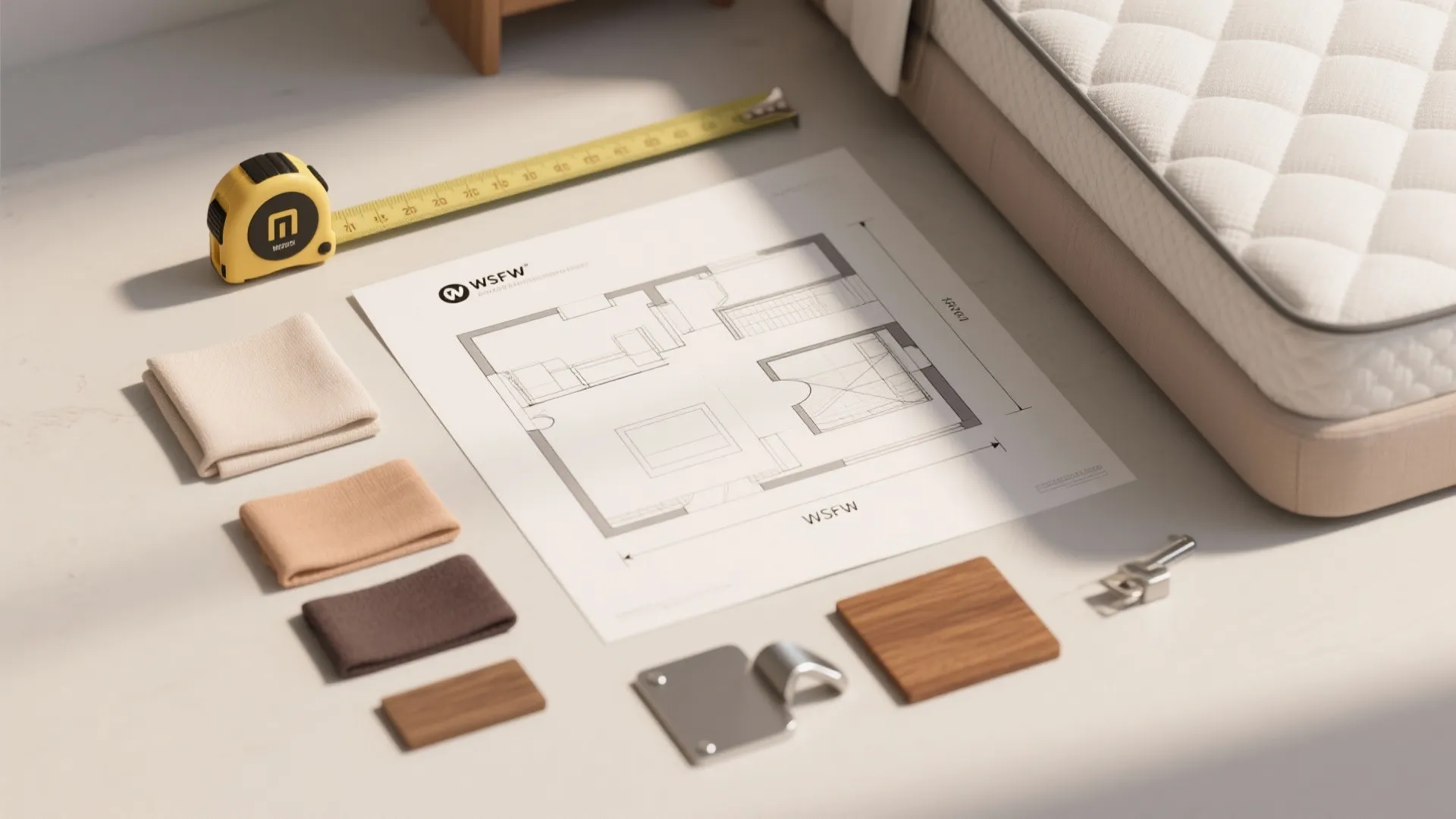 Interior design drawing with yellow measuring tape fabric samples wood blocks and a white mattress