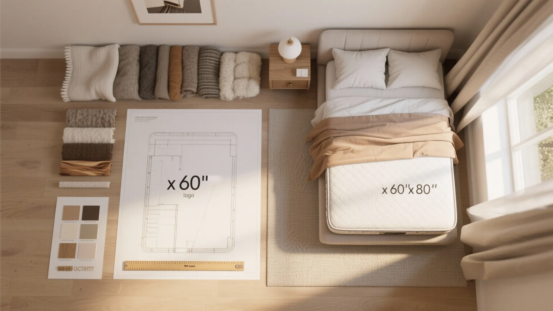 Top view showing a bed with dimensions alongside floor plan sketches and interior material samples