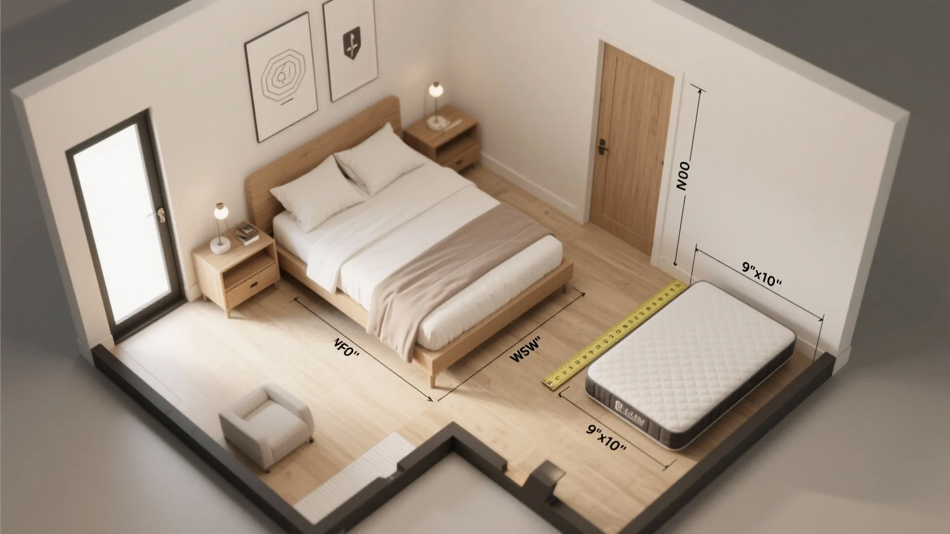 Interior design drawing showing bedroom floor plan with measurements for bed mattress and room layout