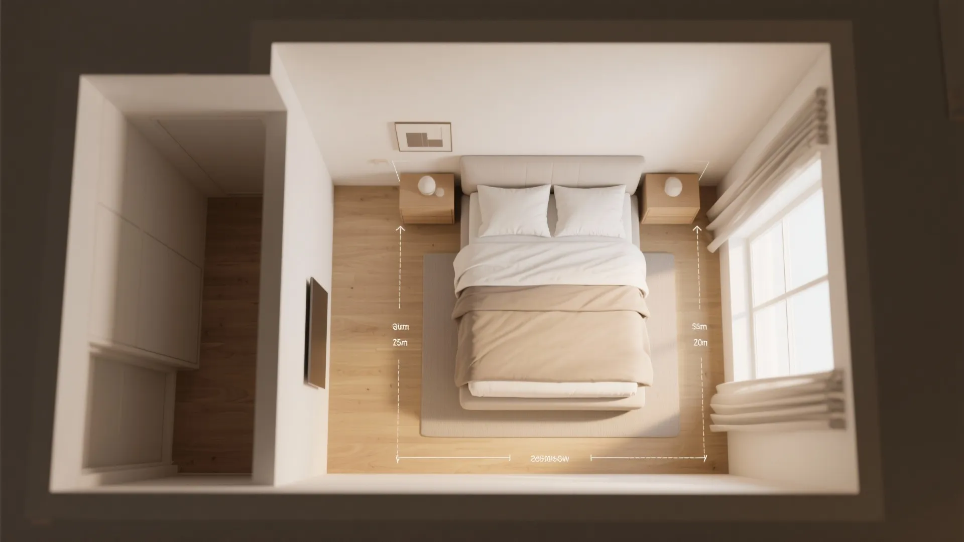 Top view interior design drawing showing a small bedroom layout with dimensions and furniture placement
