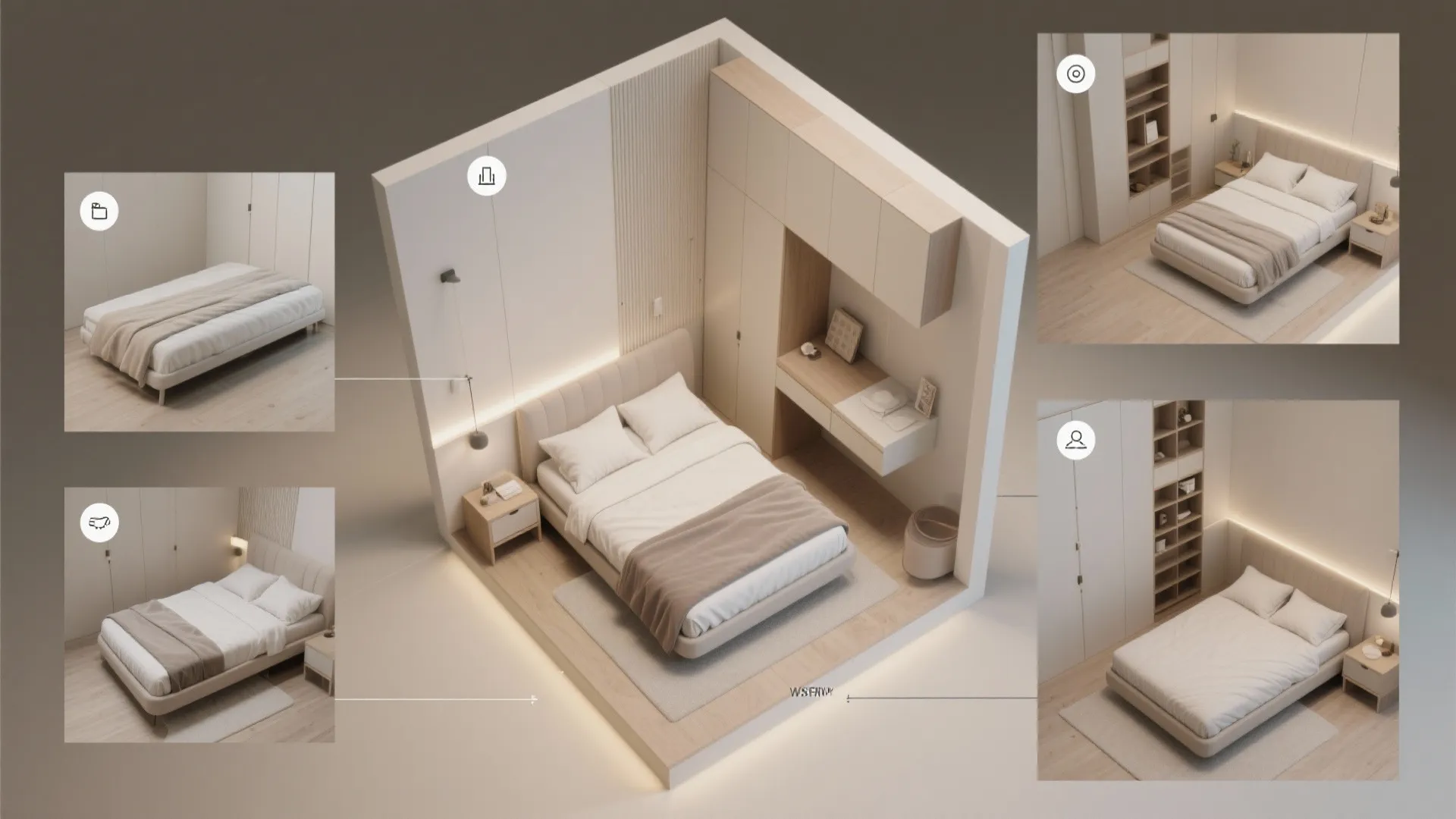 Interior design drawing showing four different bedroom layout options with bed cabinet and desk furniture