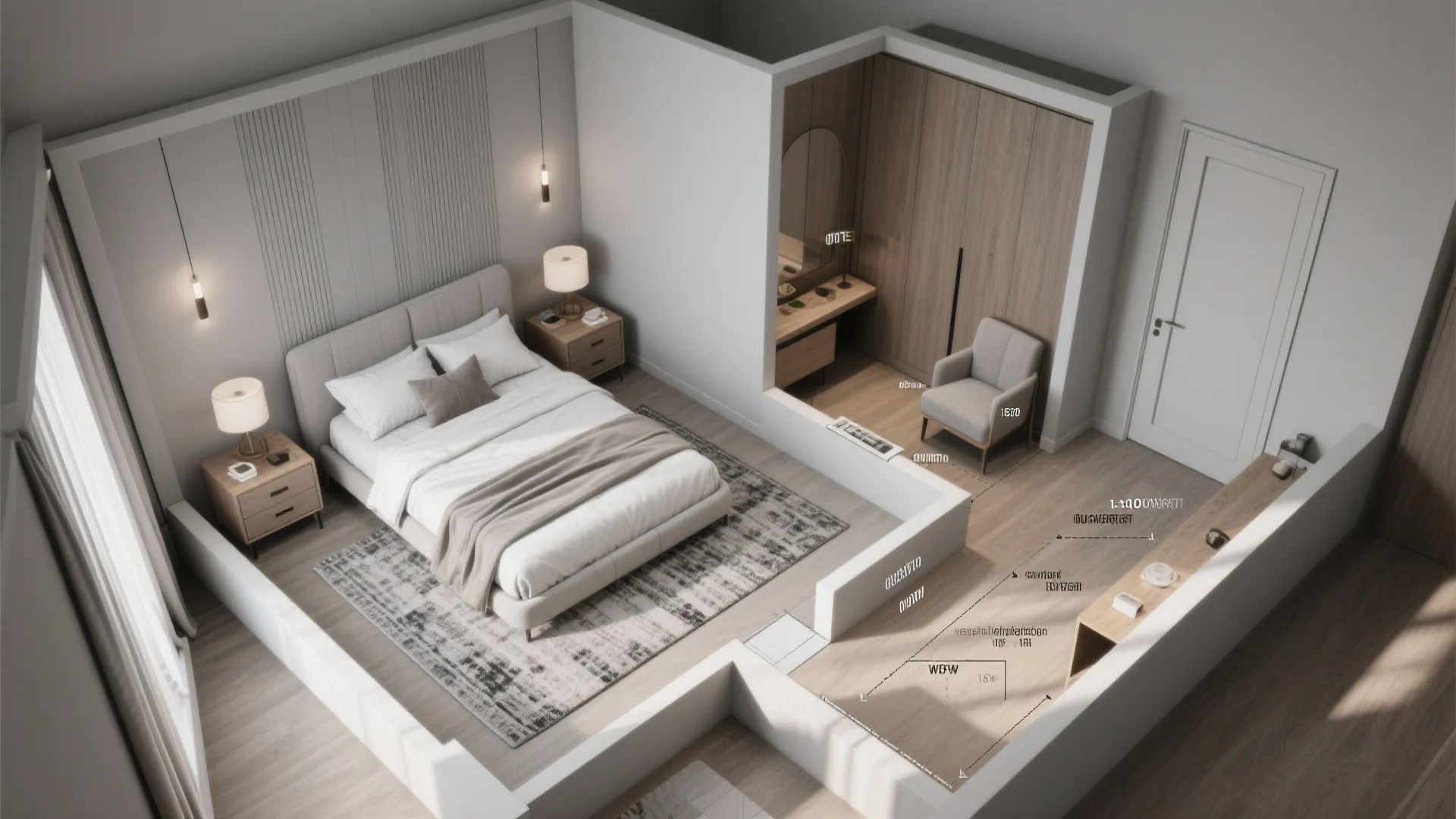 Top-down layout visualization of a small queen bedroom showing scaled furniture placement.