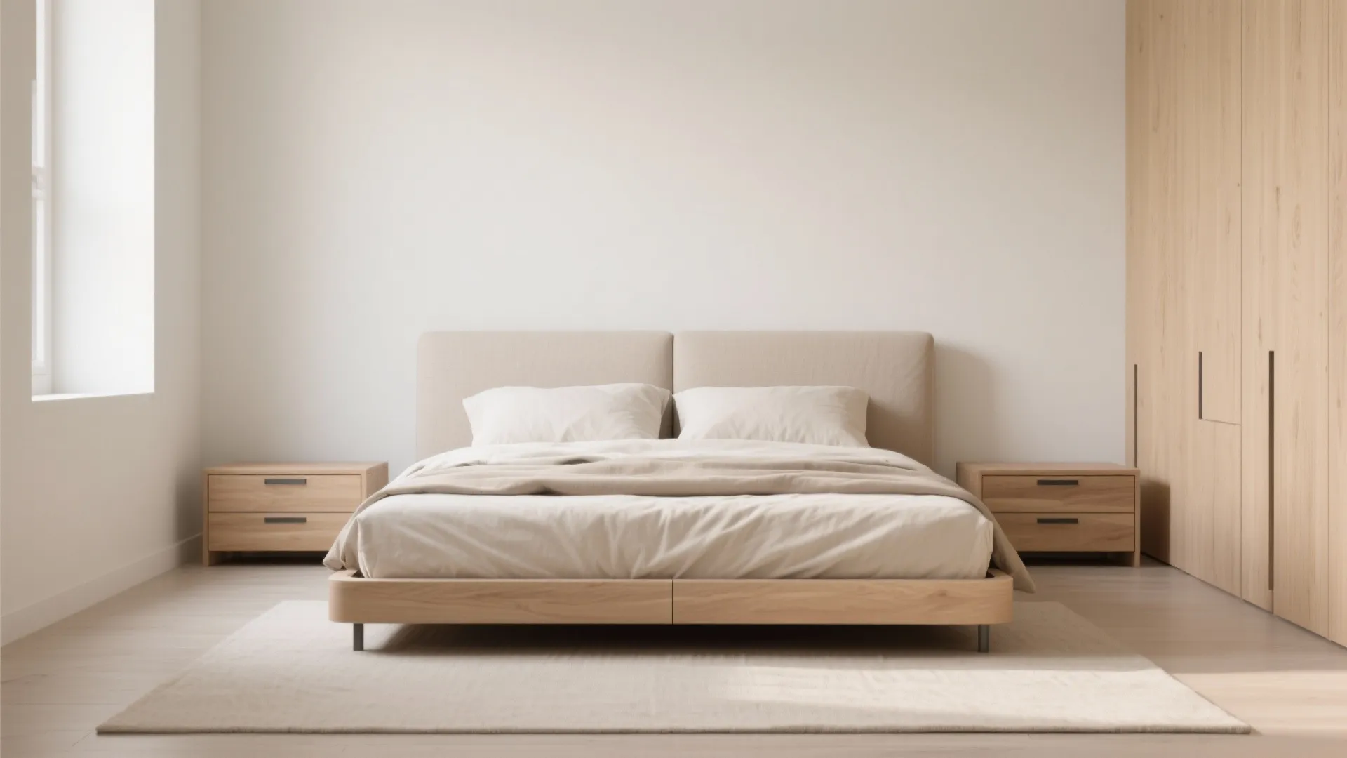 Minimalist queen platform bed with integrated side drawers in a calm, light-toned small bedroom.