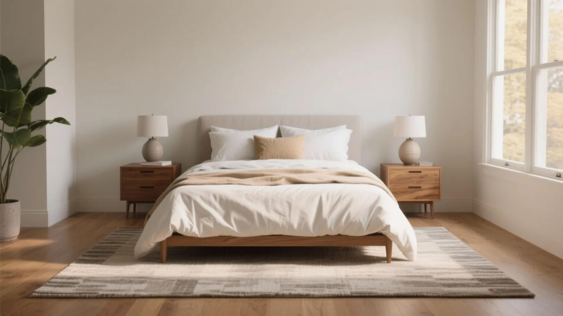 Modern bedroom with wooden bed frame plus patterned area rug and matching wood bedside tables
