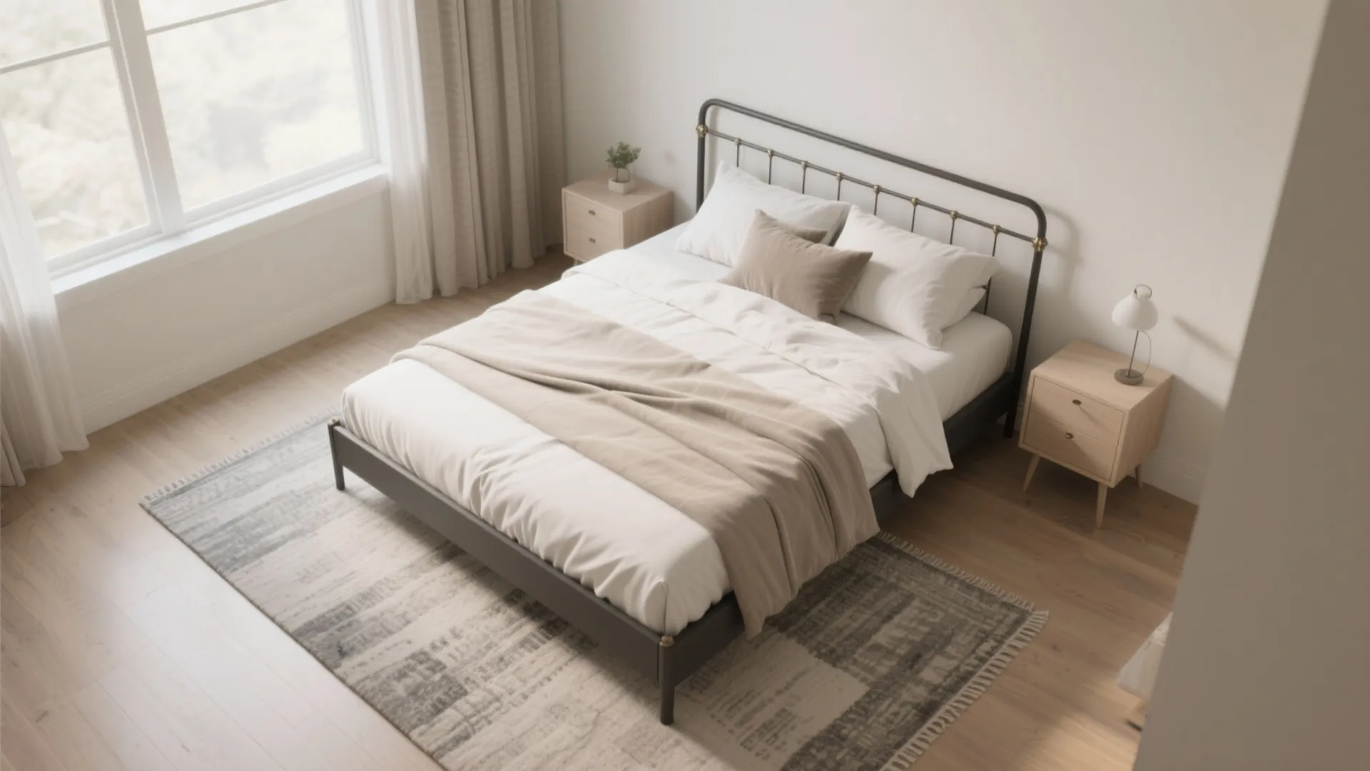 Top-down plan view showing a queen bed frame with tight dimensions and clear circulation.