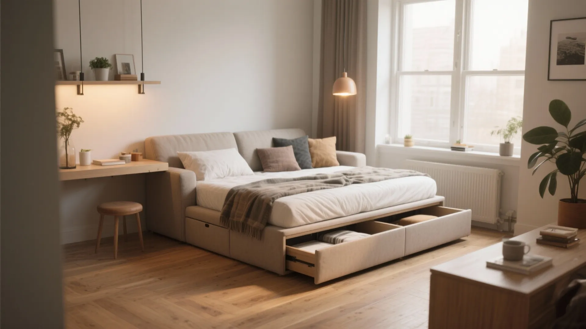 Modern studio apartment with sofa bed featuring storage drawers wood floor ceiling light and large windows