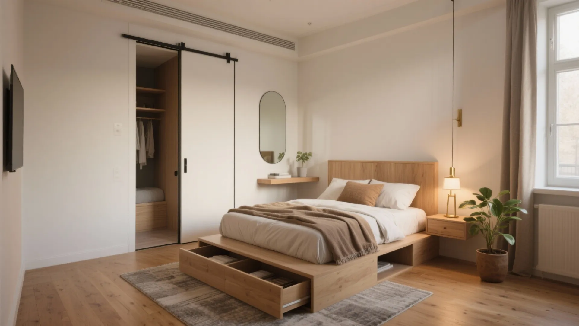Minimalist bedroom design with a wooden bed featuring storage drawers and a white sliding door