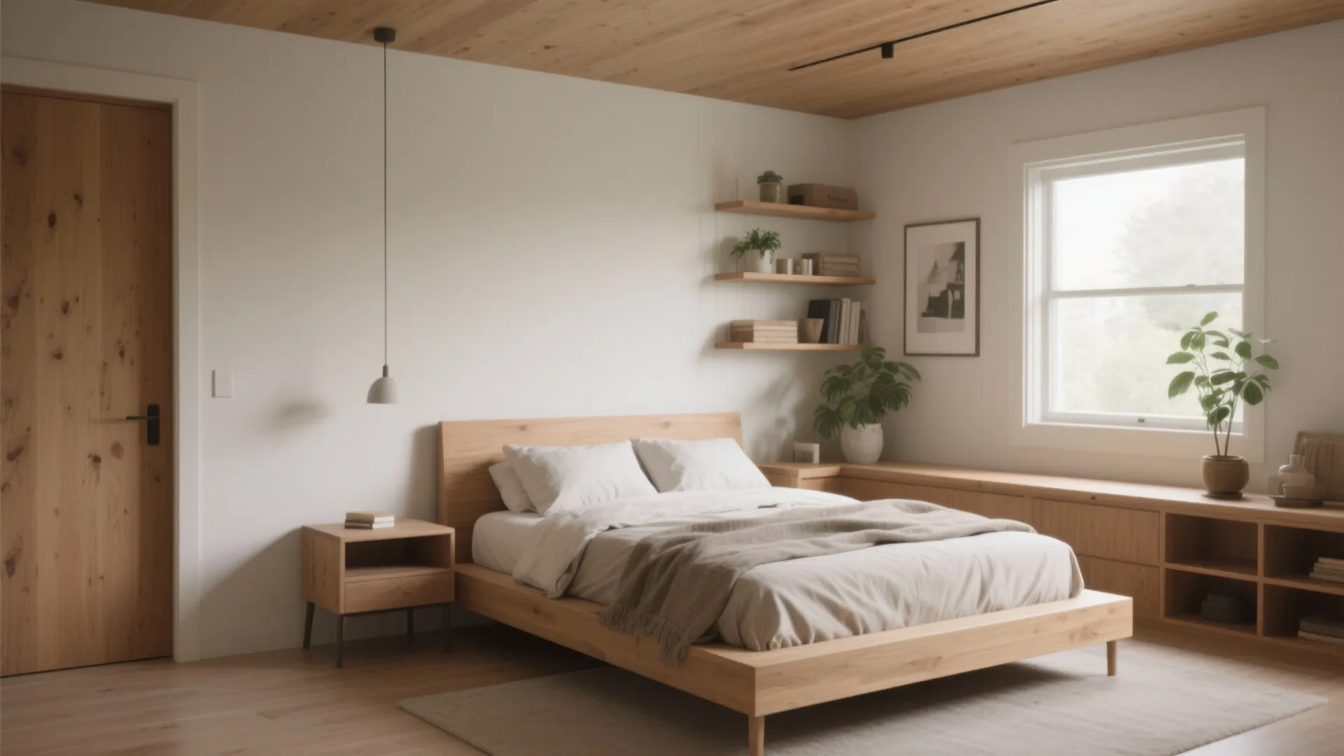 Minimalist wood bedroom with queen bed side table open shelving wall decor and natural light