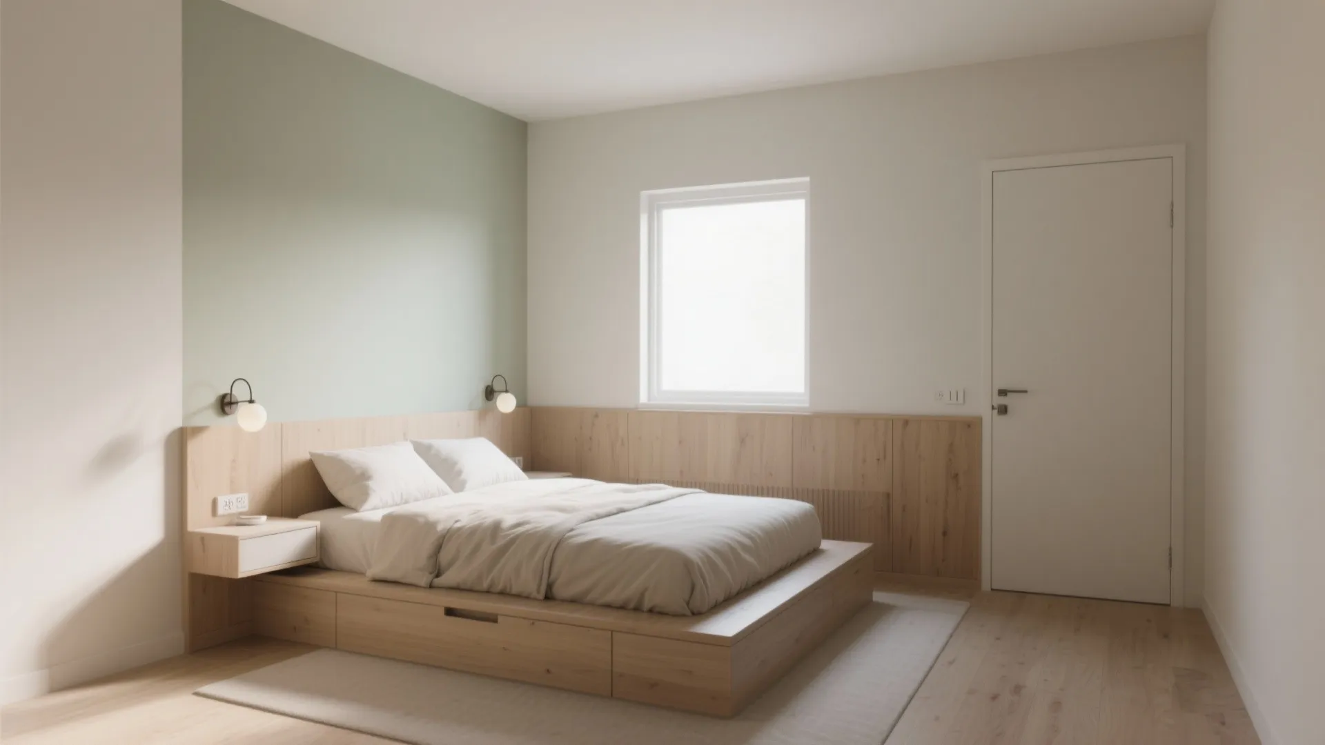 Modern bedroom with wooden bed wall panel green accent wall white door and wall light