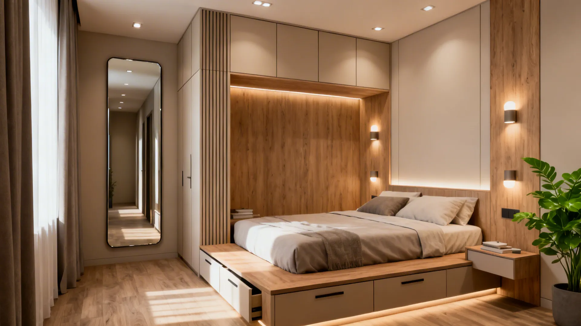 Modern small bedroom featuring a platform bed with built-in storage cabinets and warm light fixtures
