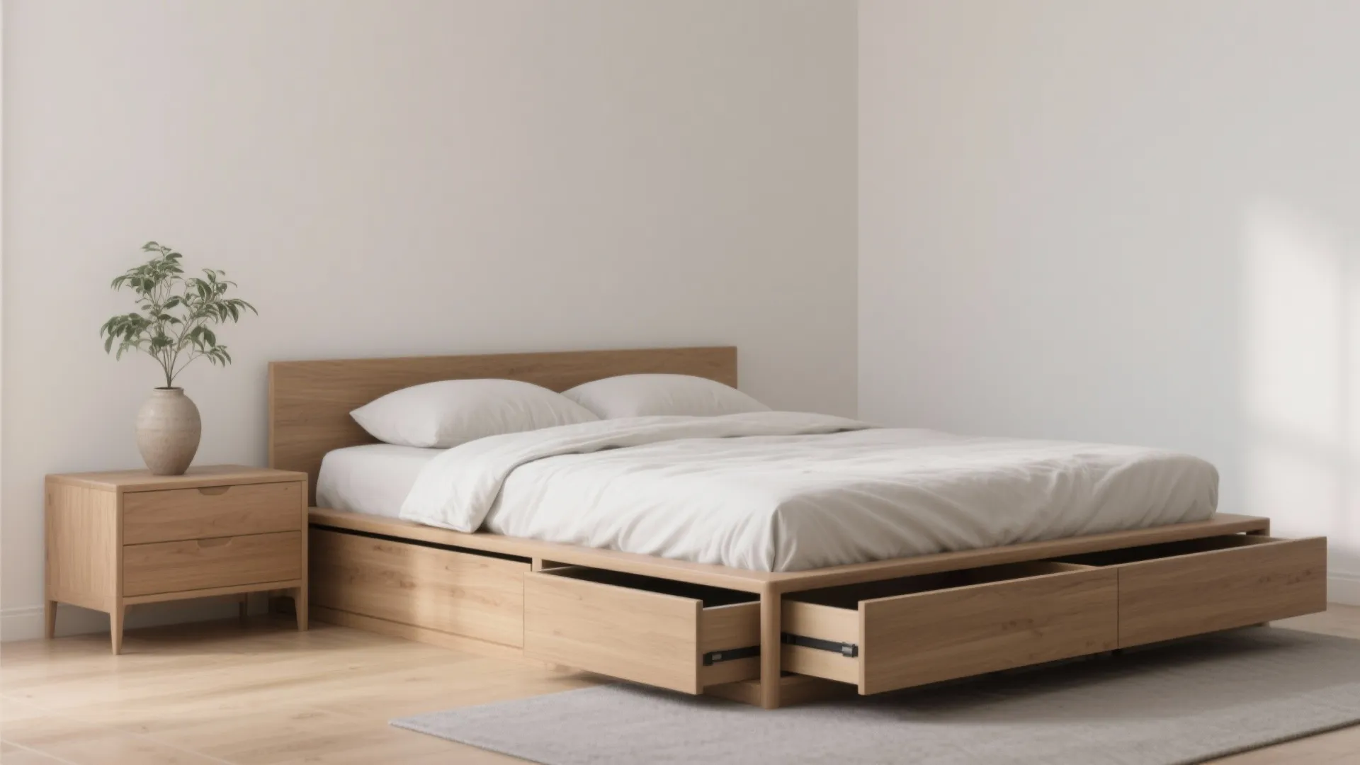 Modern wooden bed with built-in storage drawers open showing white bedding and a side table