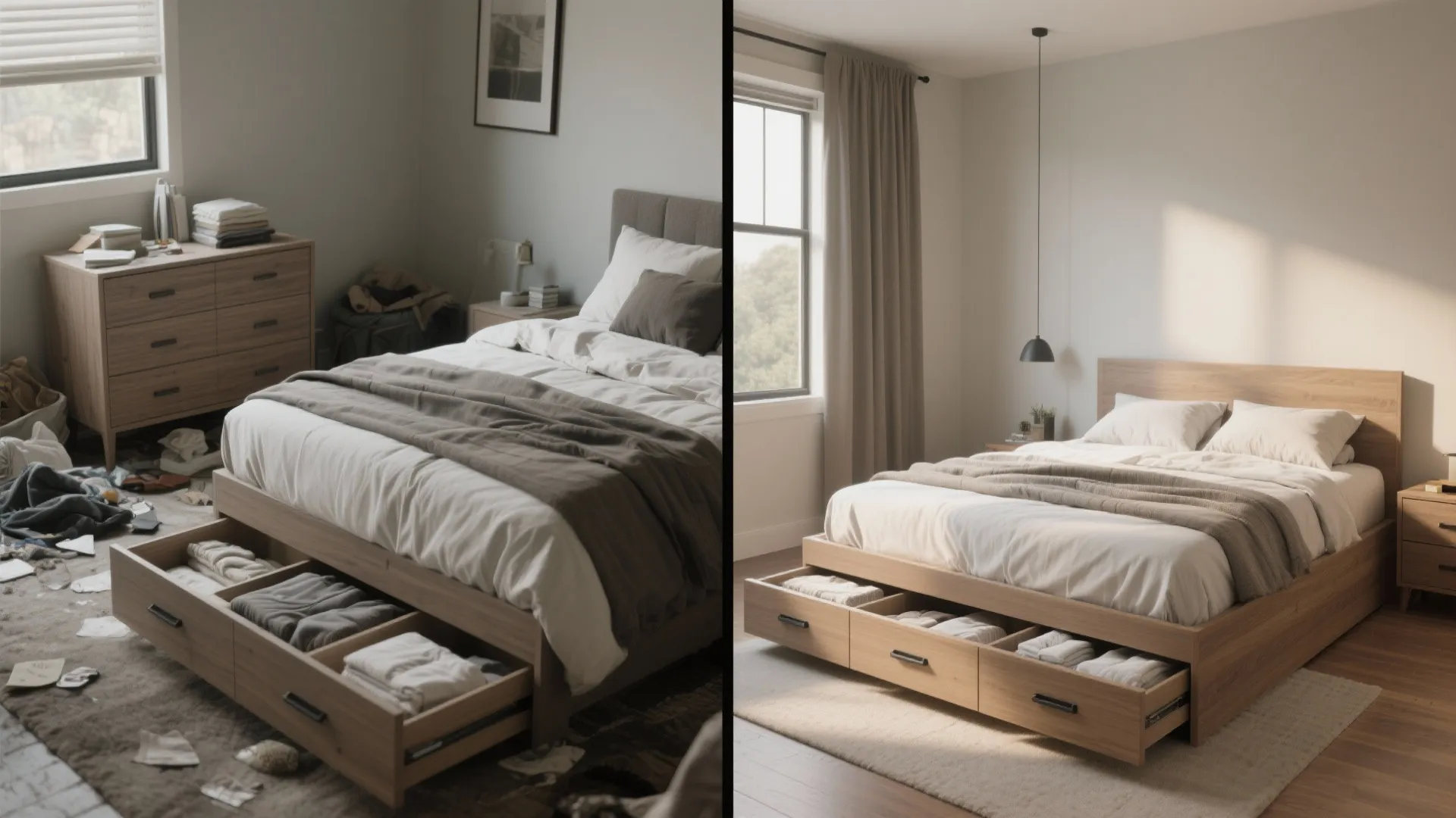 Before and after comparison of a messy bedroom versus a tidy bedroom with storage bed