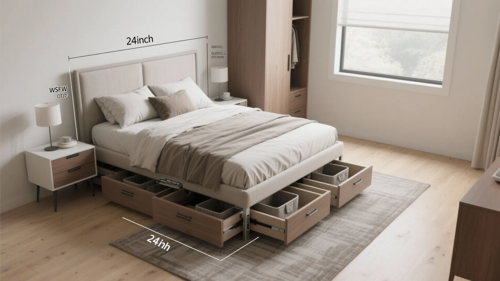 Top-down view of a queen storage bed with drawer clearance and lift-access storage in a small room.