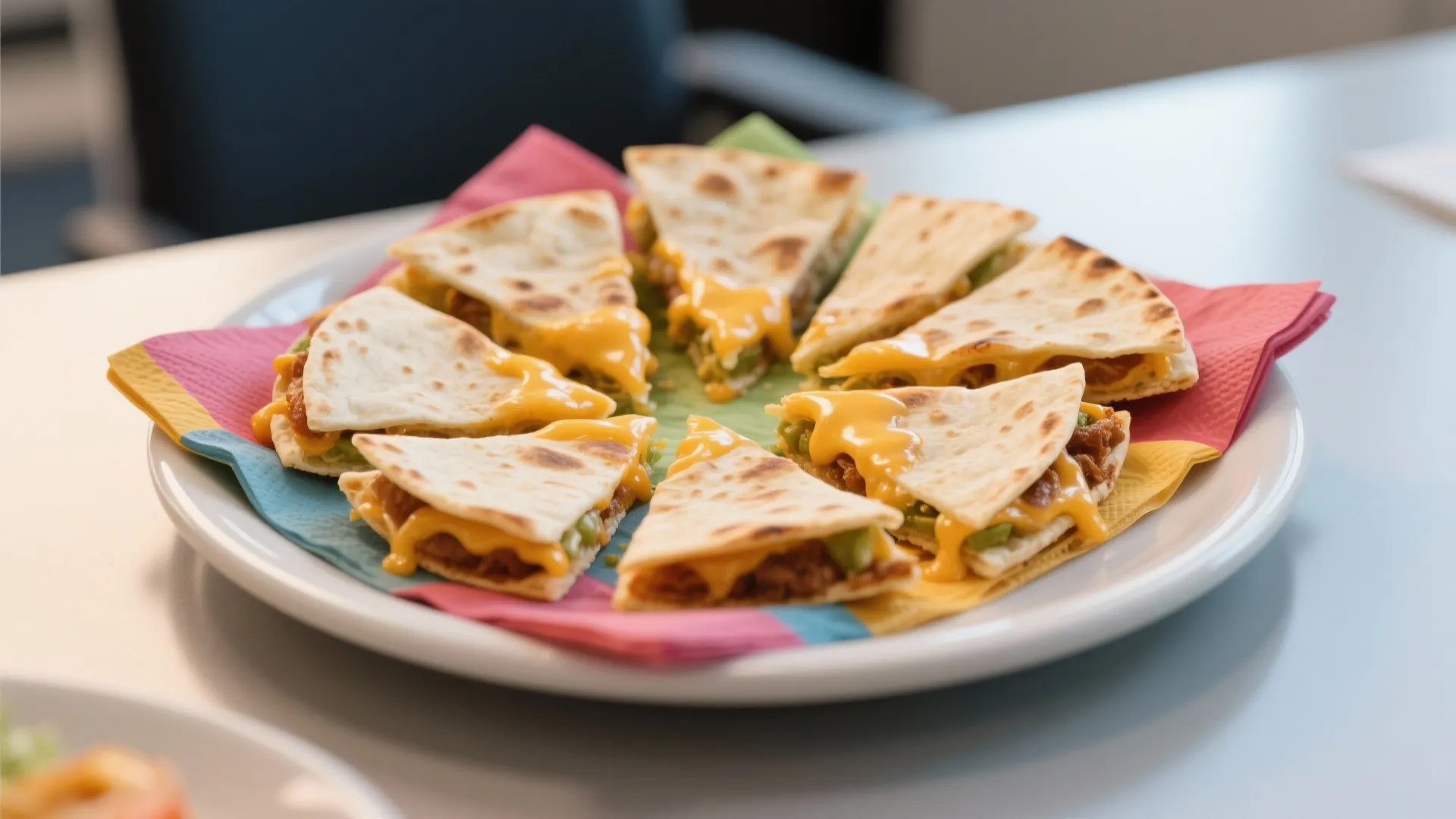 Slices of grilled cheese quesadillas served on a white plate with colorful napkins on table