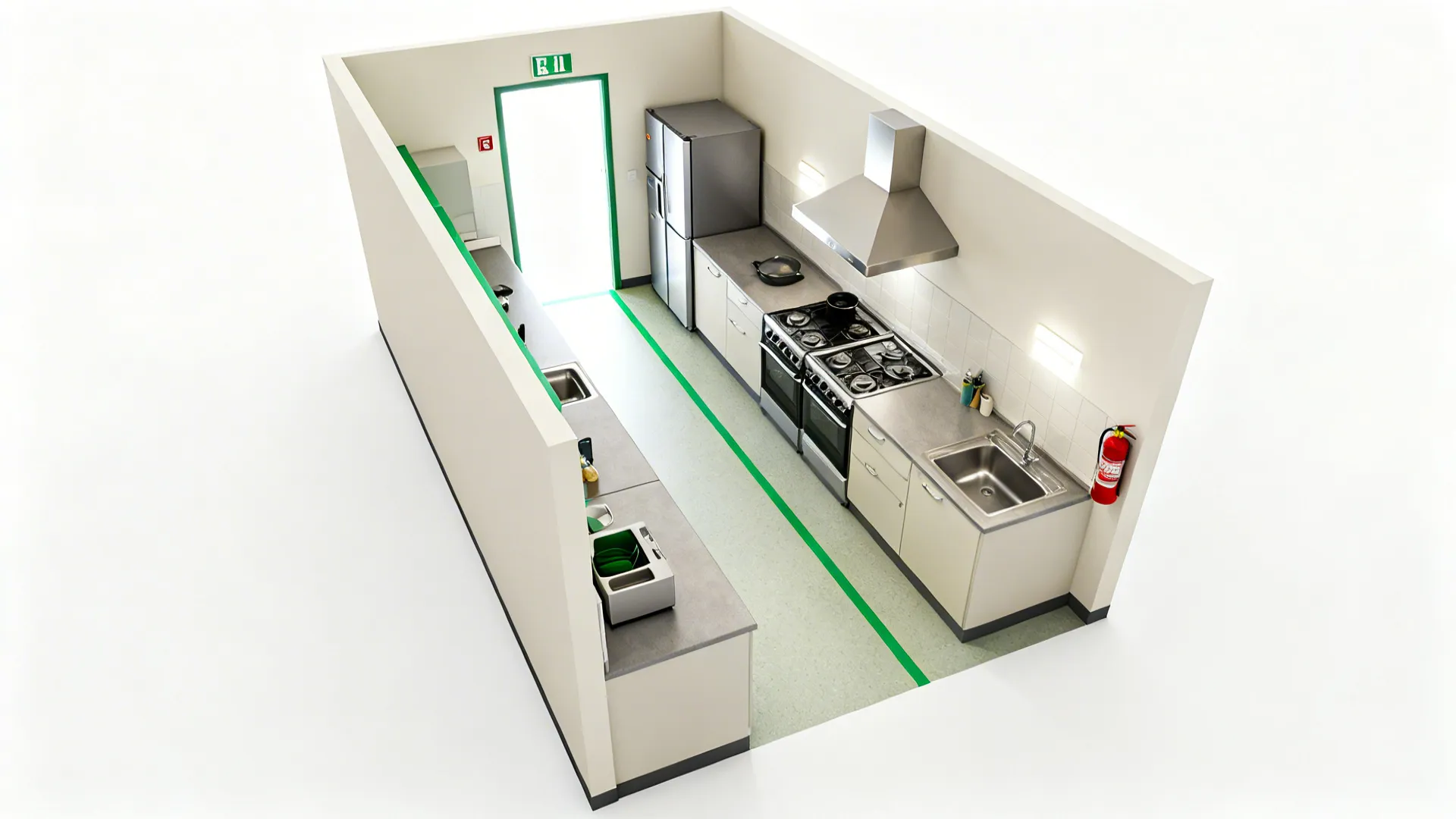 Top-down layout showing a 1 m clear aisle, hot line separation, and guided flow through the kitchen.