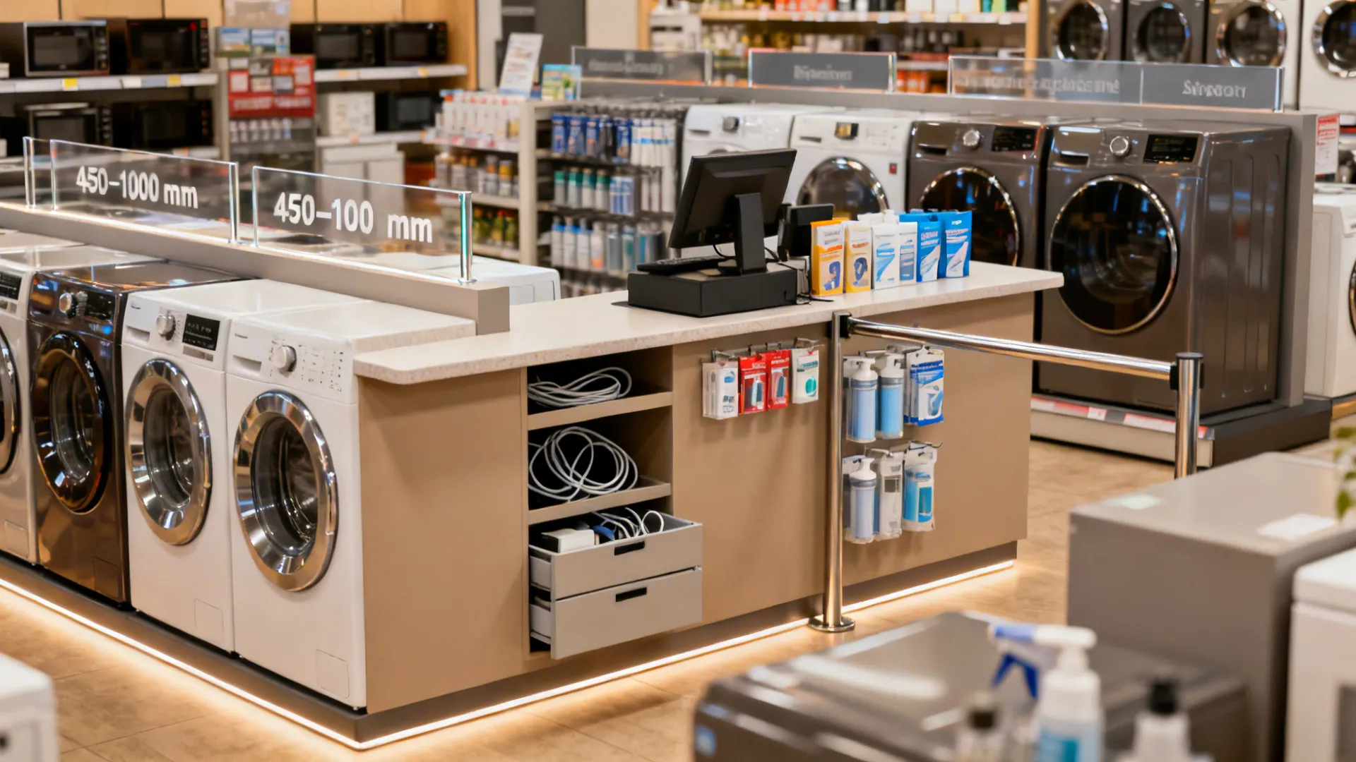 A store checkout counter with a computer monitor surrounded by white and grey washing machines