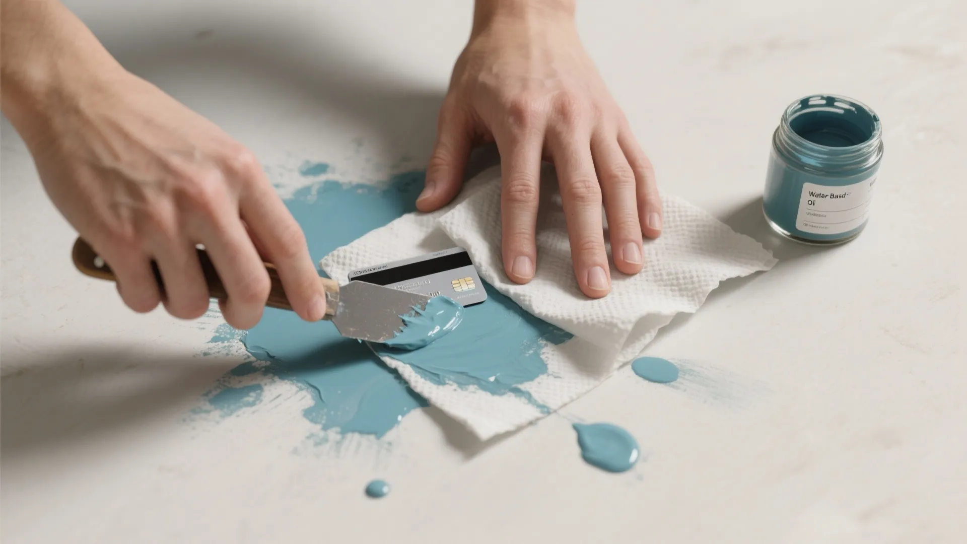 Hands using a small metal tool to scrape blue paint onto a white paper towel