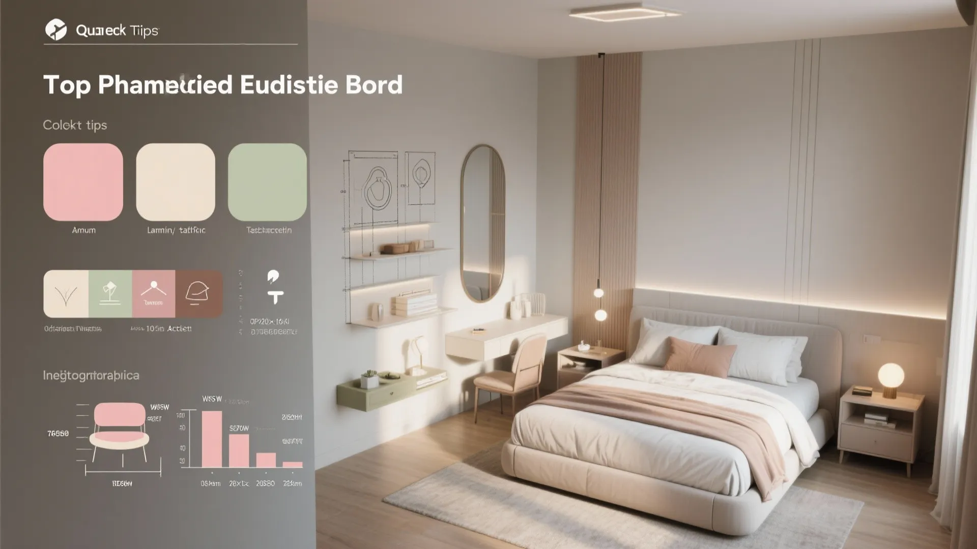 Infographic showing bedroom design tips with color palettes furniture icons and a modern interior drawing