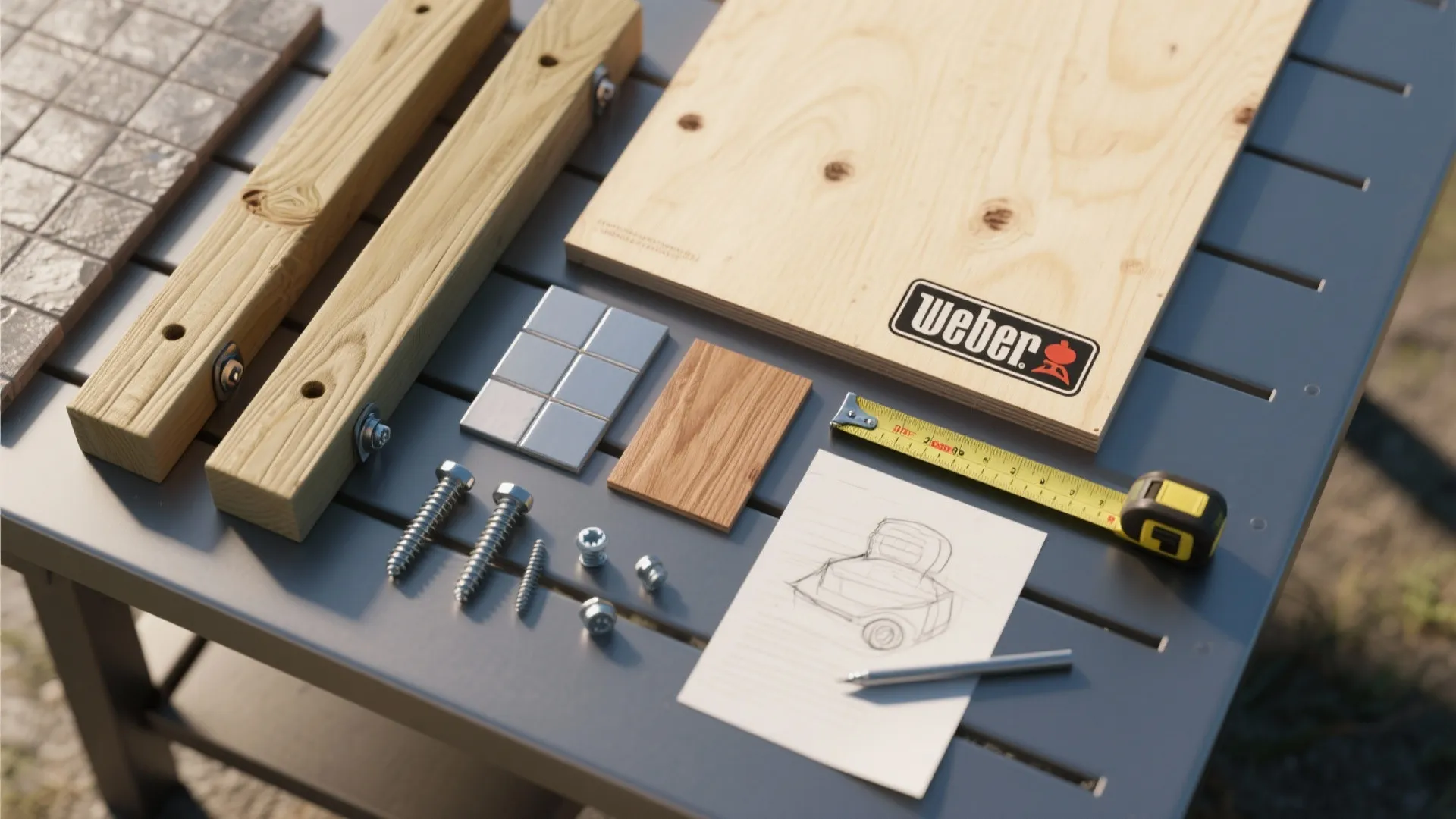 Top-down flatlay of basic materials and a sketch for building a Weber prep table with tools and finish samples.