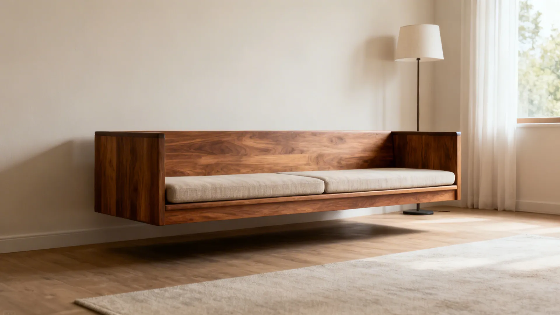 Before-and-after showing a cramped room transformed by a slim ash bench-seat wooden sofa.