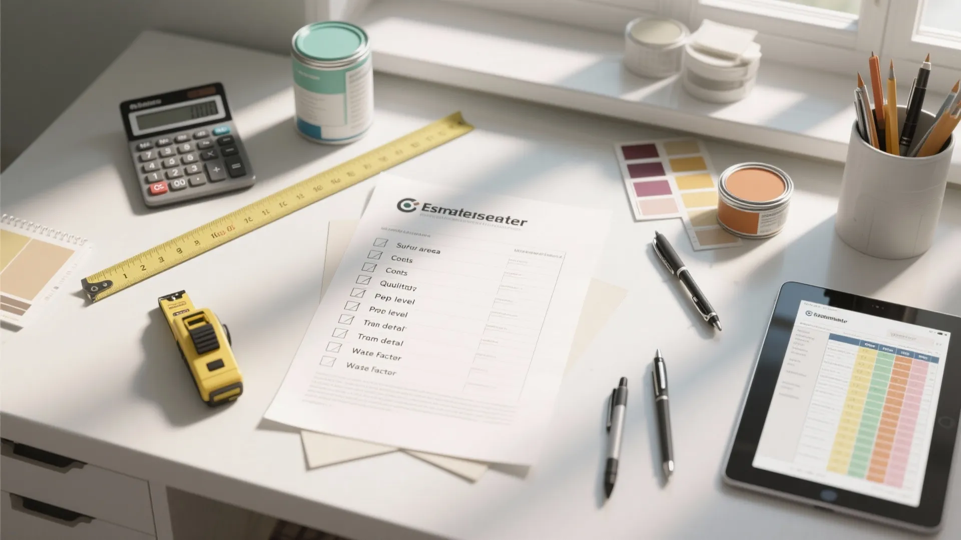 Desk with home renovation checklist calculator tape measure tablet and interior design tools for planning