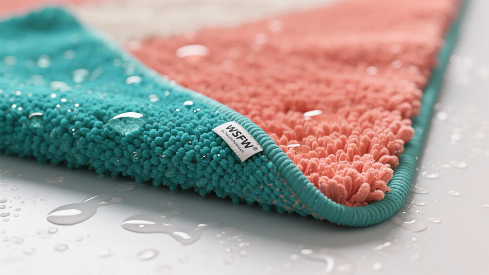 Close-up of a quick-dry polypropylene rug showing fiber texture and water beading.