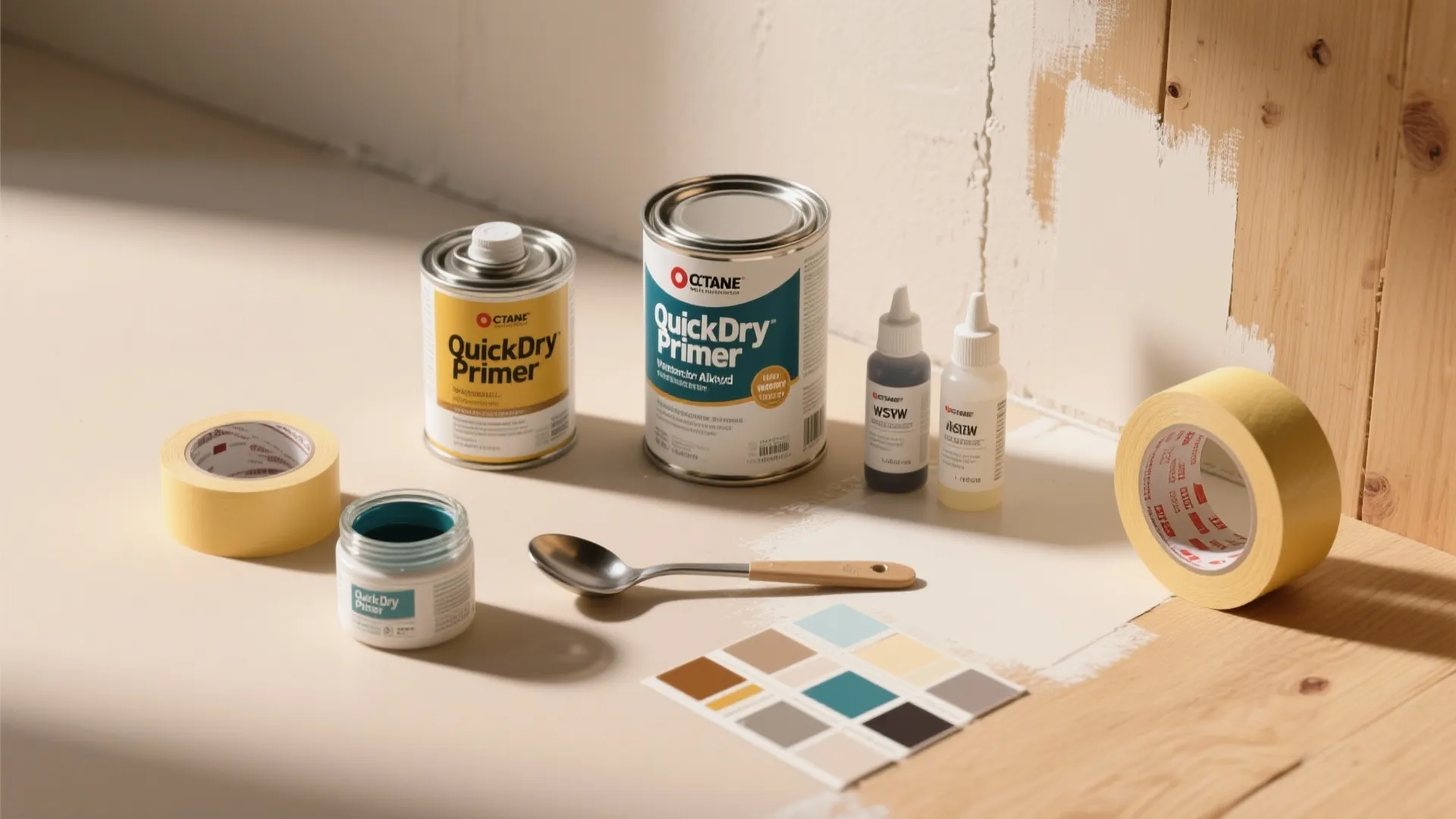 Paint cans with yellow tape and color swatches on a wooden surface for a project