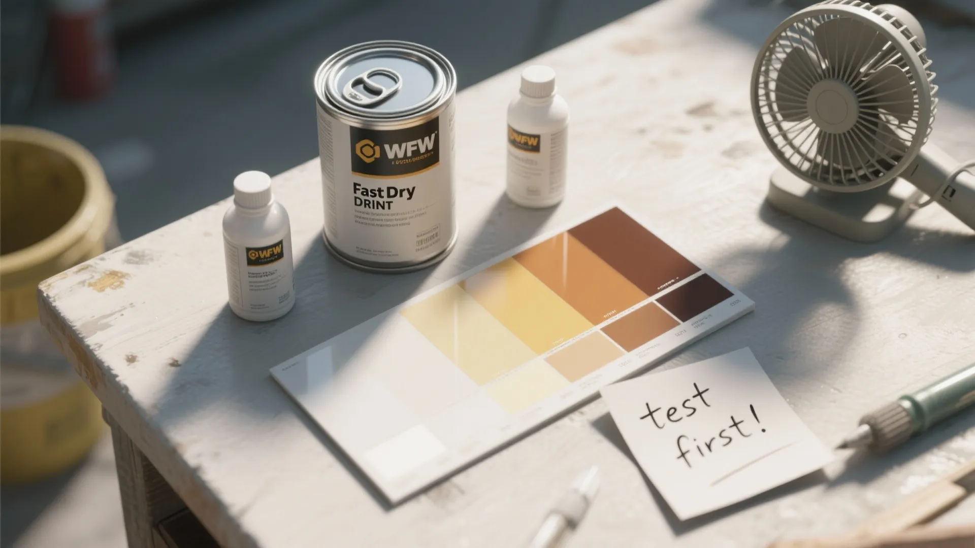Tabletop with paint can, bottles, color chart, small fan, and paper note for testing colors