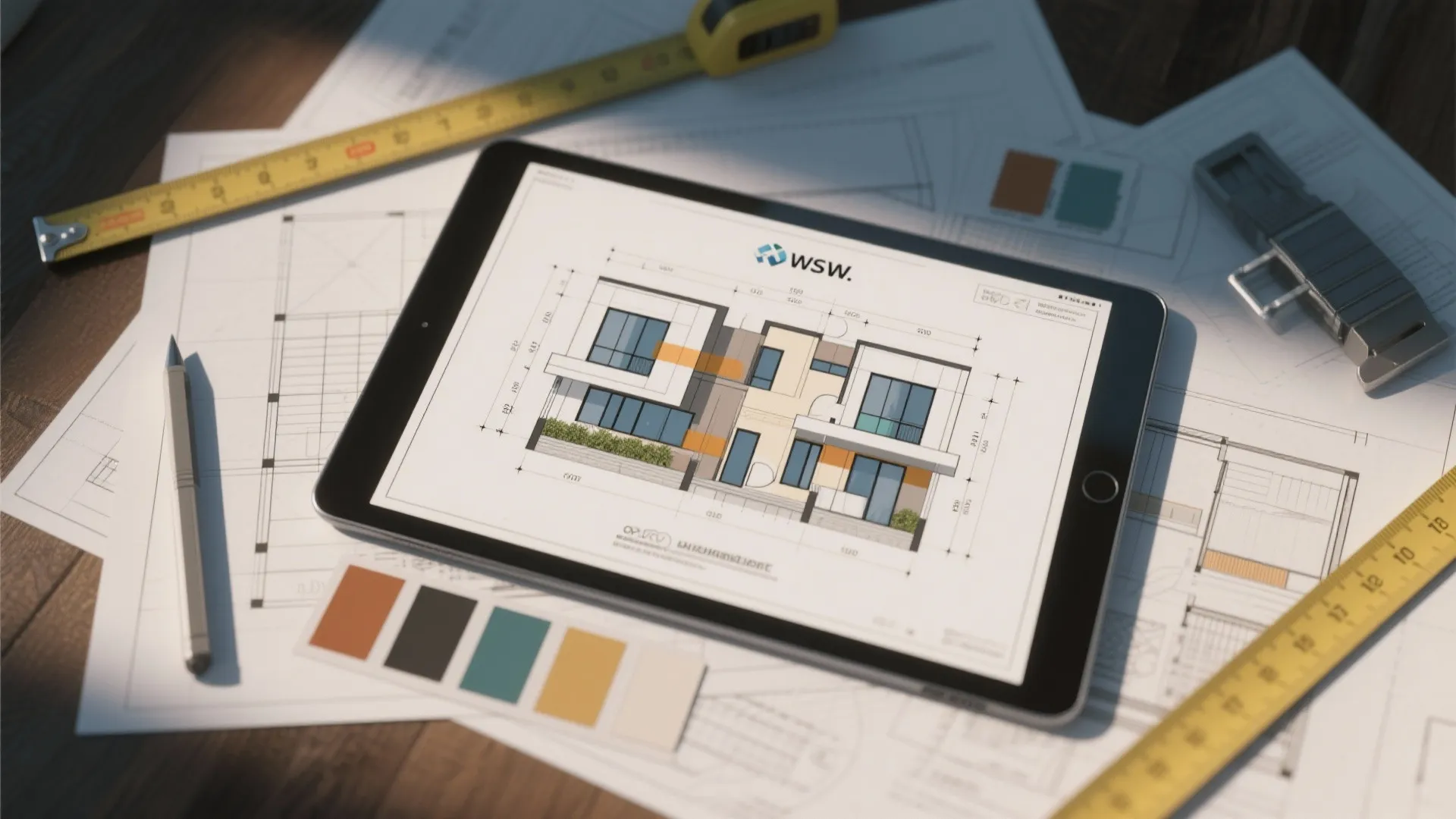 Tablet showing house design drawing on desk with color palette and two yellow measuring tapes