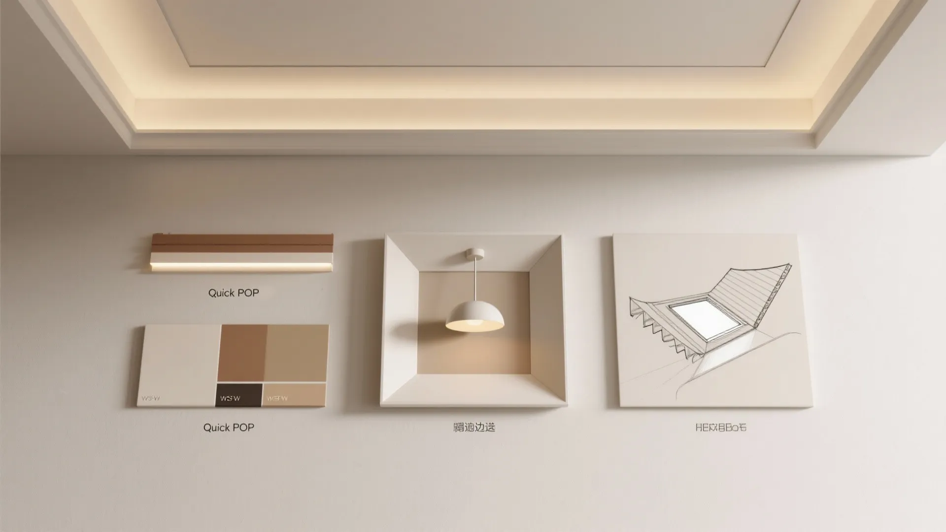 Interior design board featuring ceiling light fixtures color palette samples and simple hand drawn sketch
