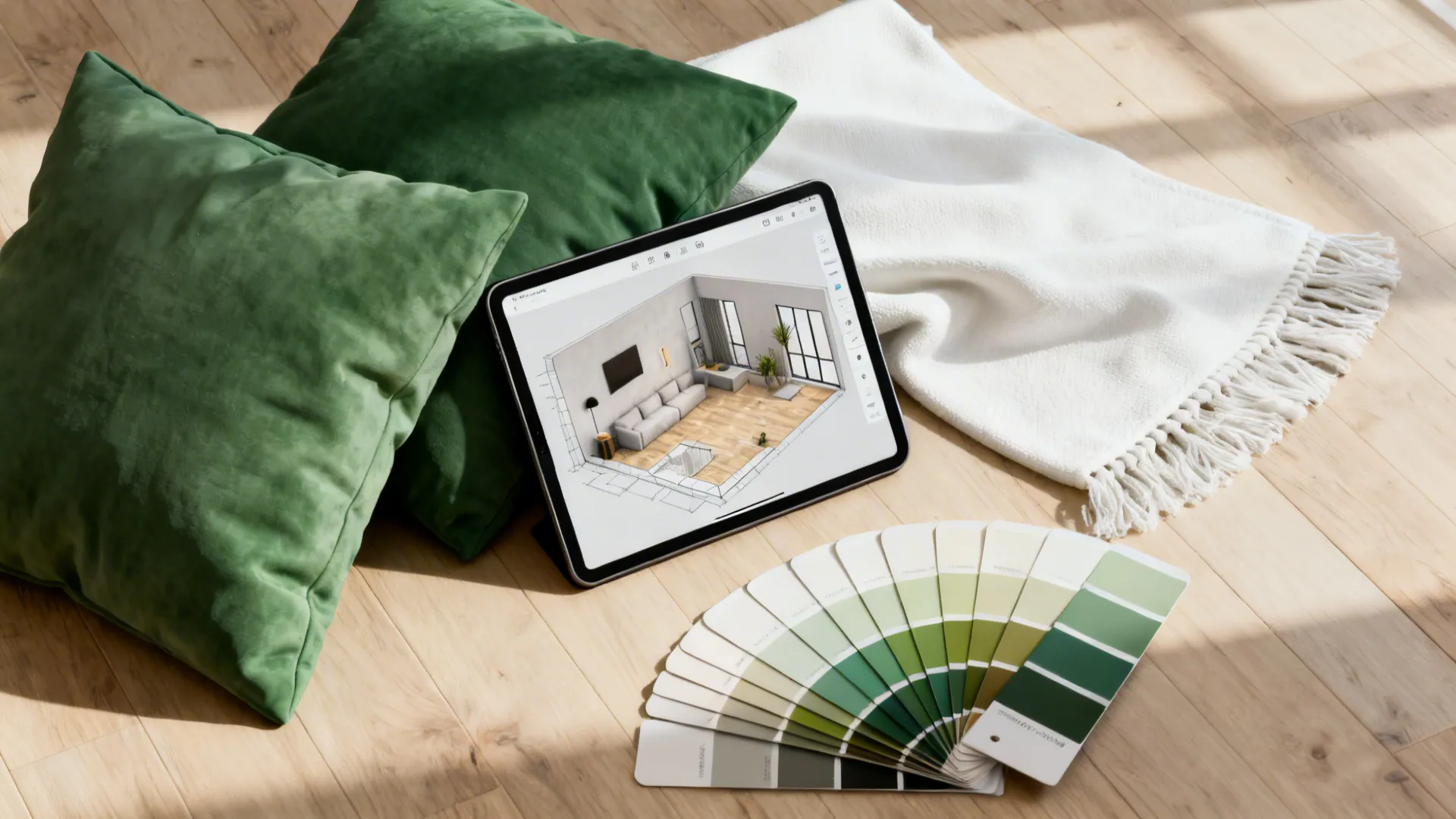 Quick mockup with 3D planner on tablet and green pillows to test the palette.