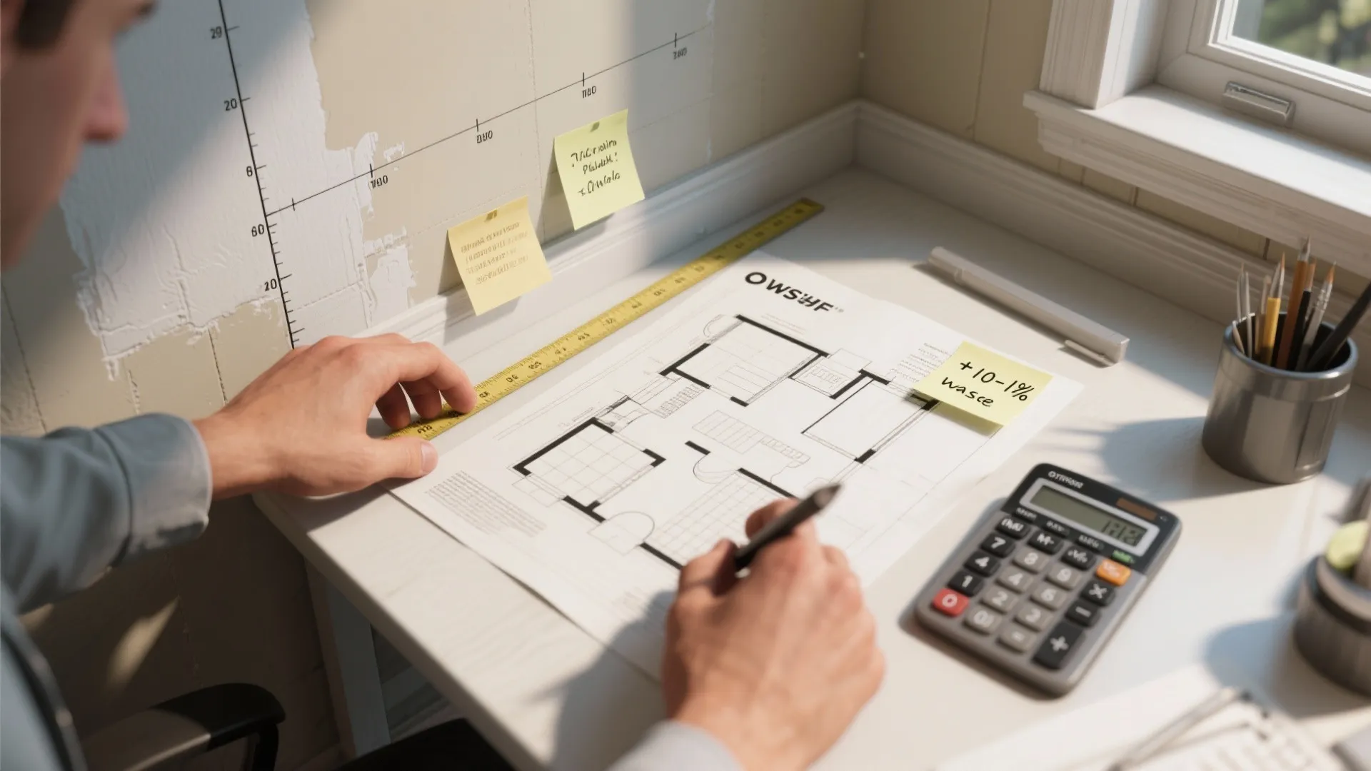 Interior design drawing on desk with ruler and calculator for planning a home renovation project