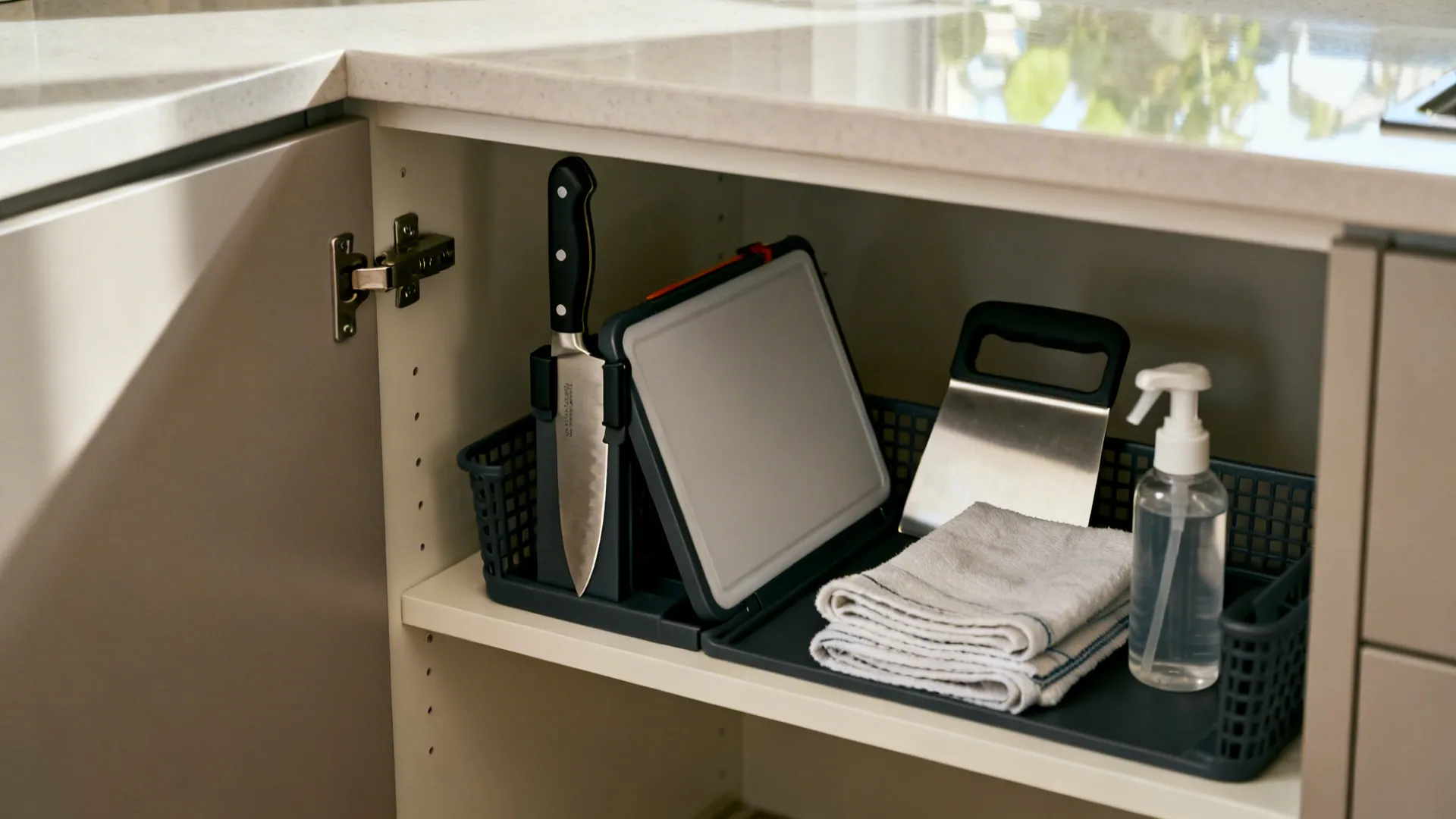 Kitchen cabinet shelf with a storage basket holding knife cutting board towels and spray bottle