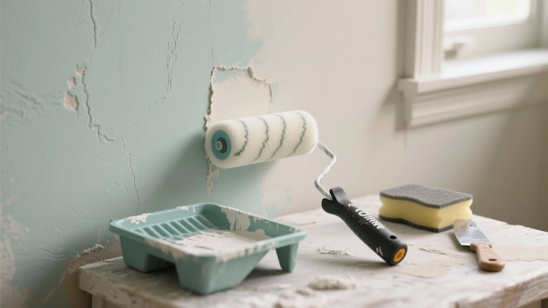 A paint roller applying light green paint to a wall with tray and tools nearby