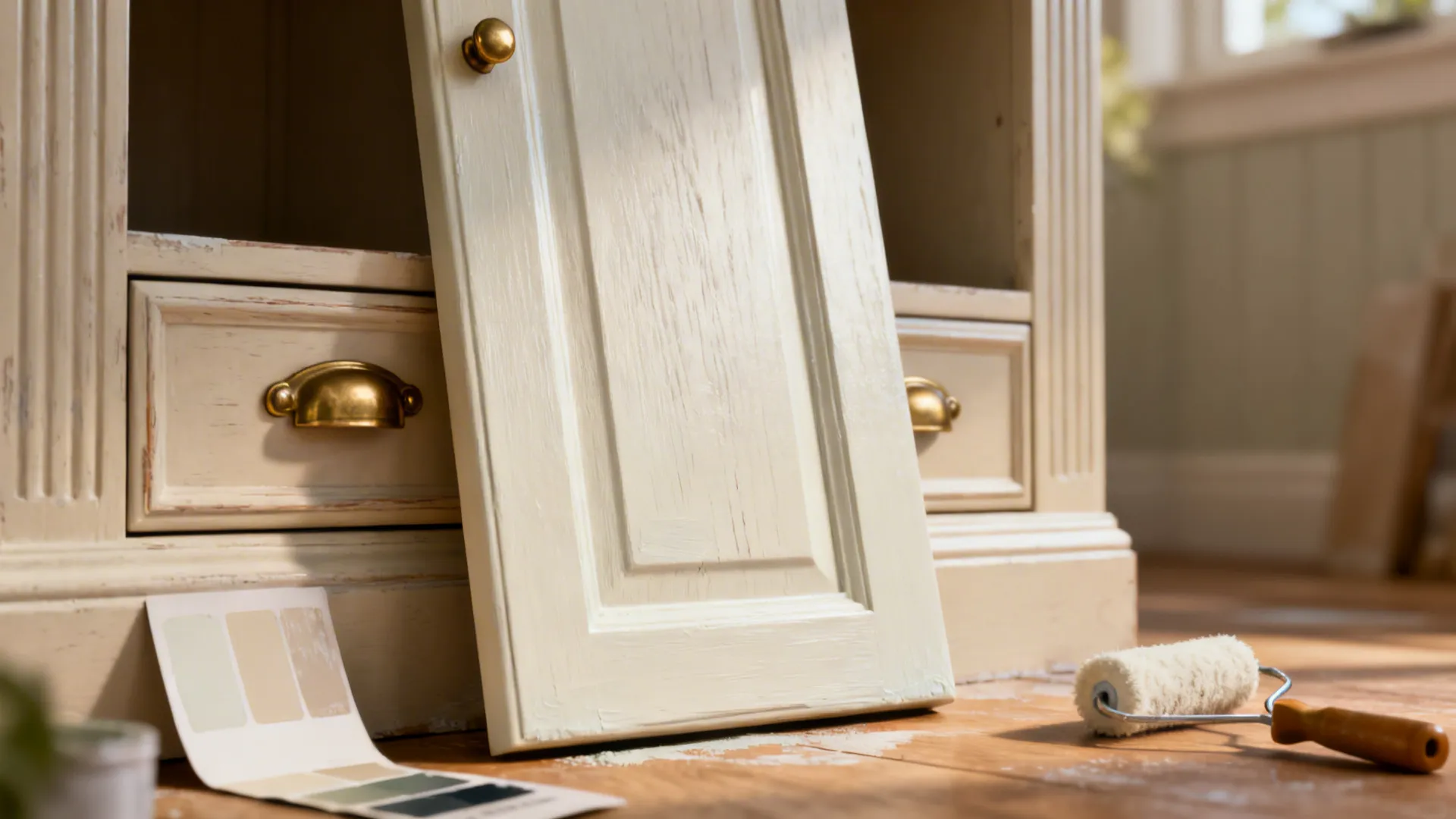 Painted cabinet door and new brushed brass hardware staged as a quick kitchen refresh detail.