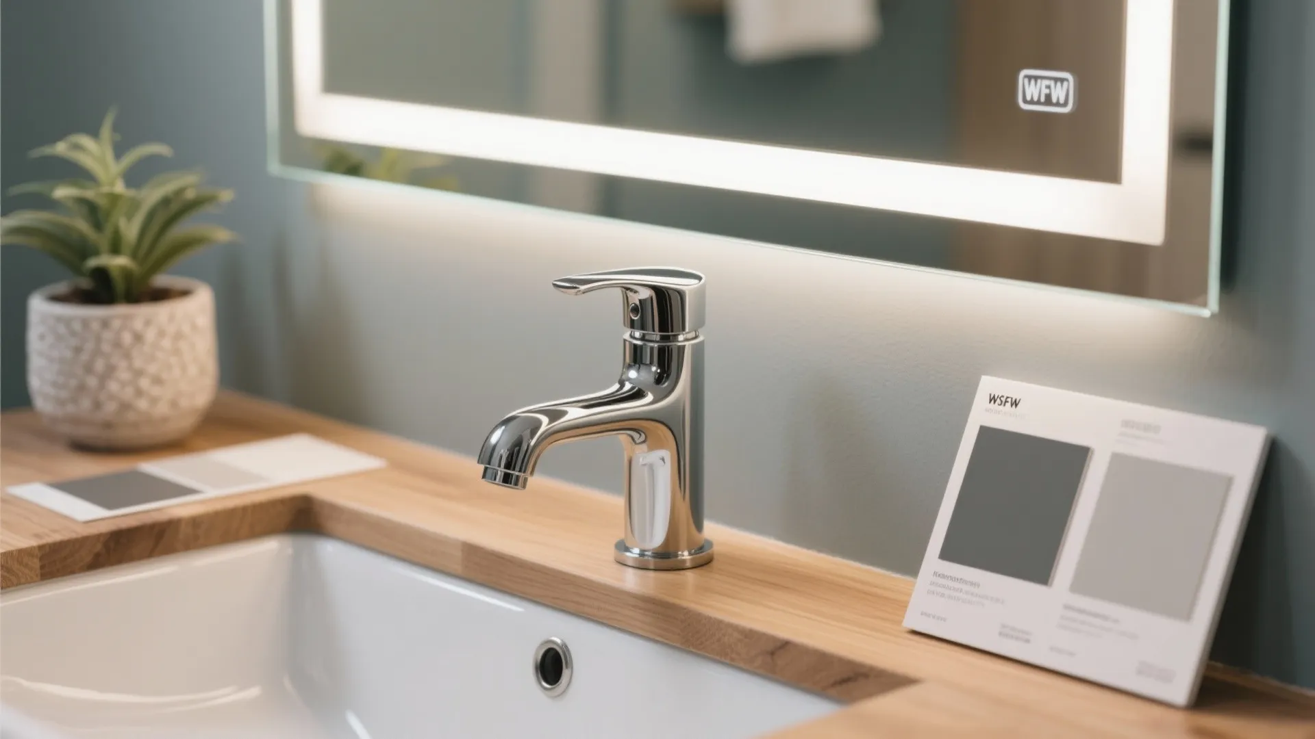 Modern silver water tap on wooden counter with mirror light and small green plant decoration