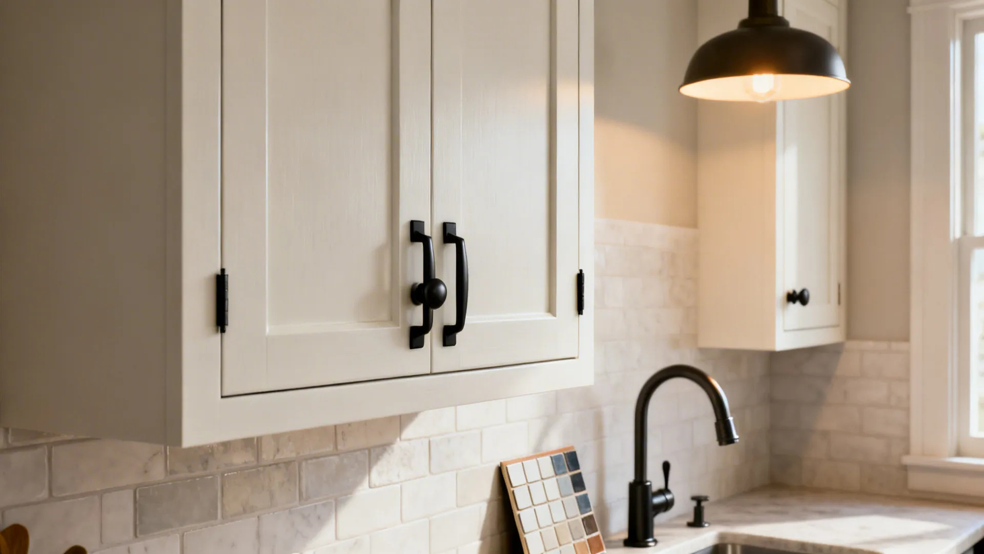Close-up of painted cabinet with new hardware and pendant lighting for a quick kitchen refresh.